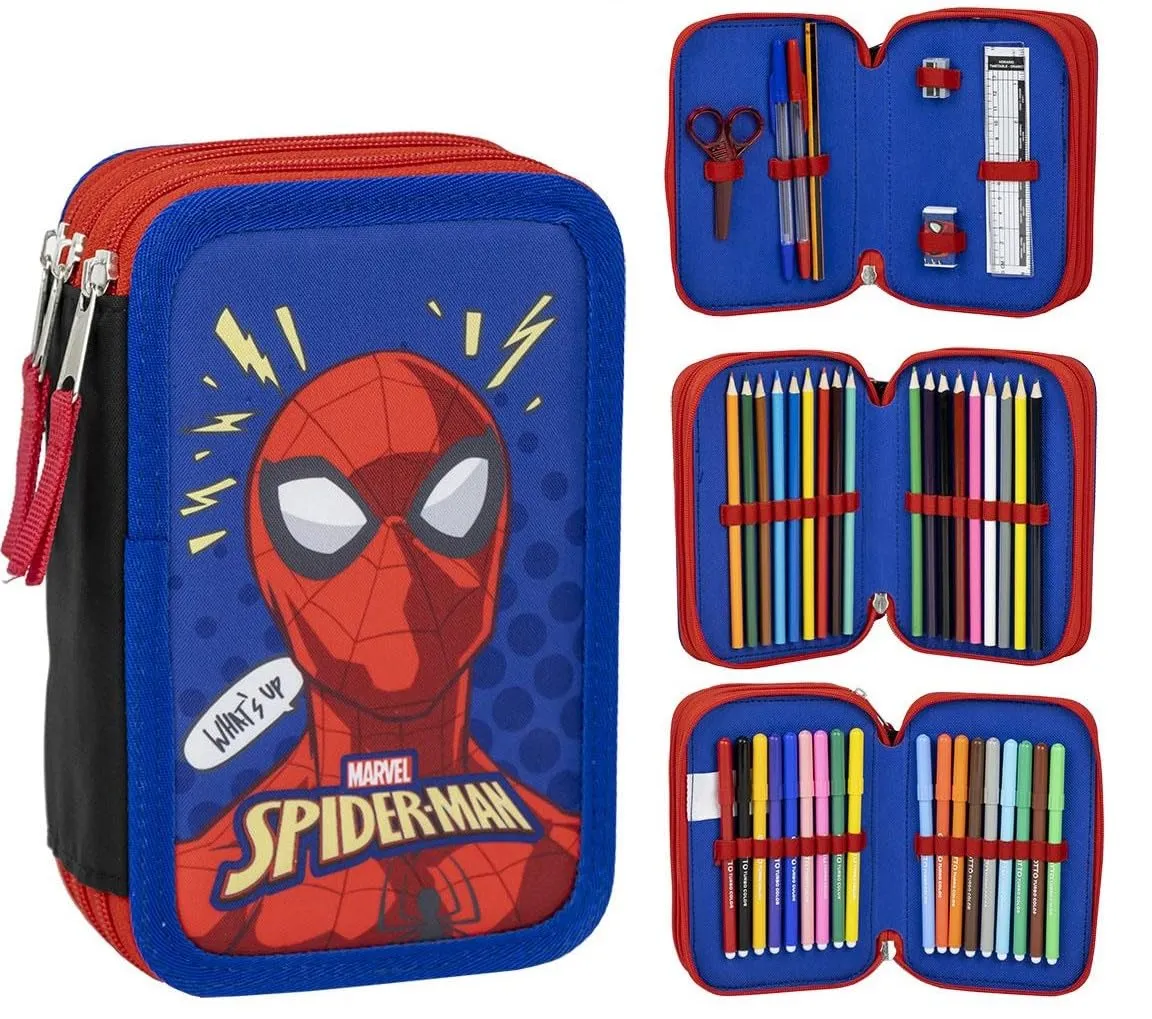 Astuccio a 3 scomparti di Spiderman - Colore blu - 12,5 x 6,5 x 19,5 cm - Realizzato in 100% poliestere - Chiusura con cerniera - Include accessori - Prodotto originale progettato in Spagna, blu,