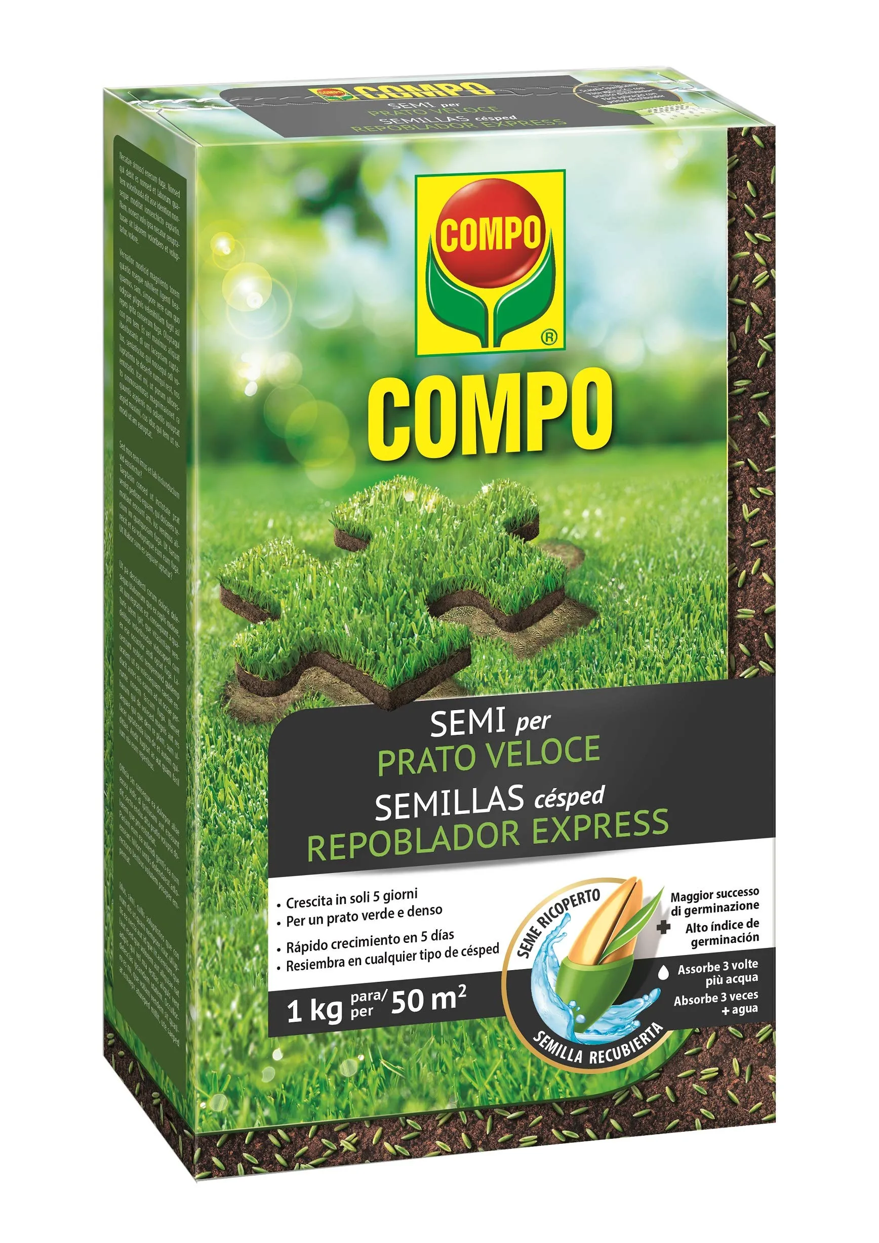 COMPO SEMI per Prato Veloce, Miscela Speciale, Seme Ricoperto, Per rigenerare Tappeti Erbosi, 1 kg