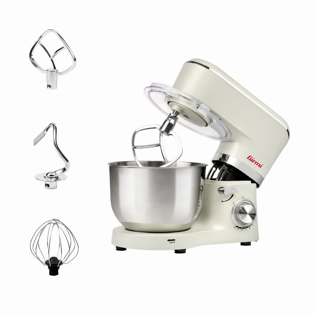 Girmi IM47 Impastatrice Planetaria, Capacità 6 Litri, Impasti fino a 2,4 kg, 1500 W Max, Pulse, 10 Velocità, Contenitore Inox, Accessori inclusi, Panna