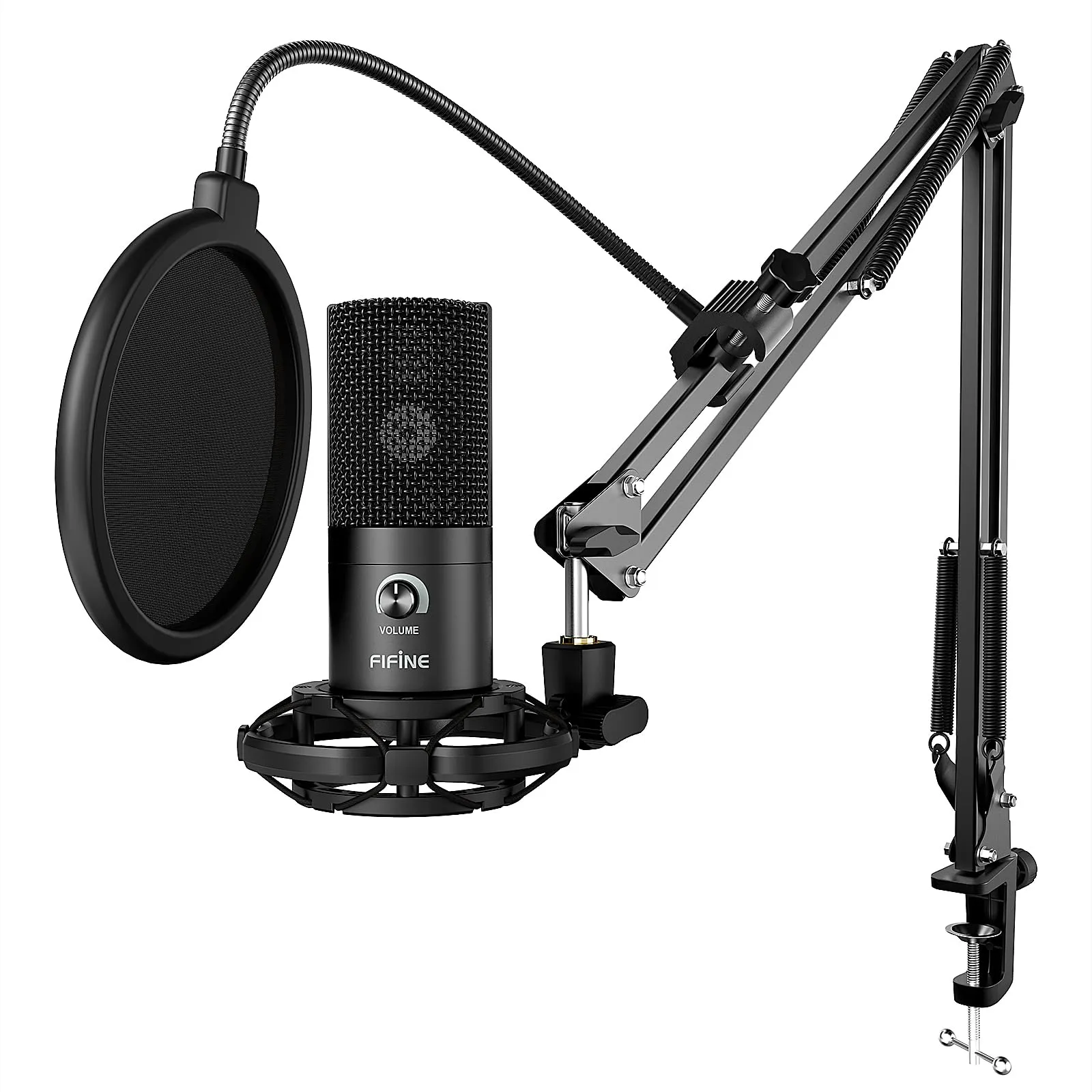 FIFINE Condensatore a Microfono studio kit, USB Microfono Computer con Braccio per Microfoni Regolabile e Filtro Anti-pop per Strumenti Voice Overs Registrazione Podcasting YouTube Gaming