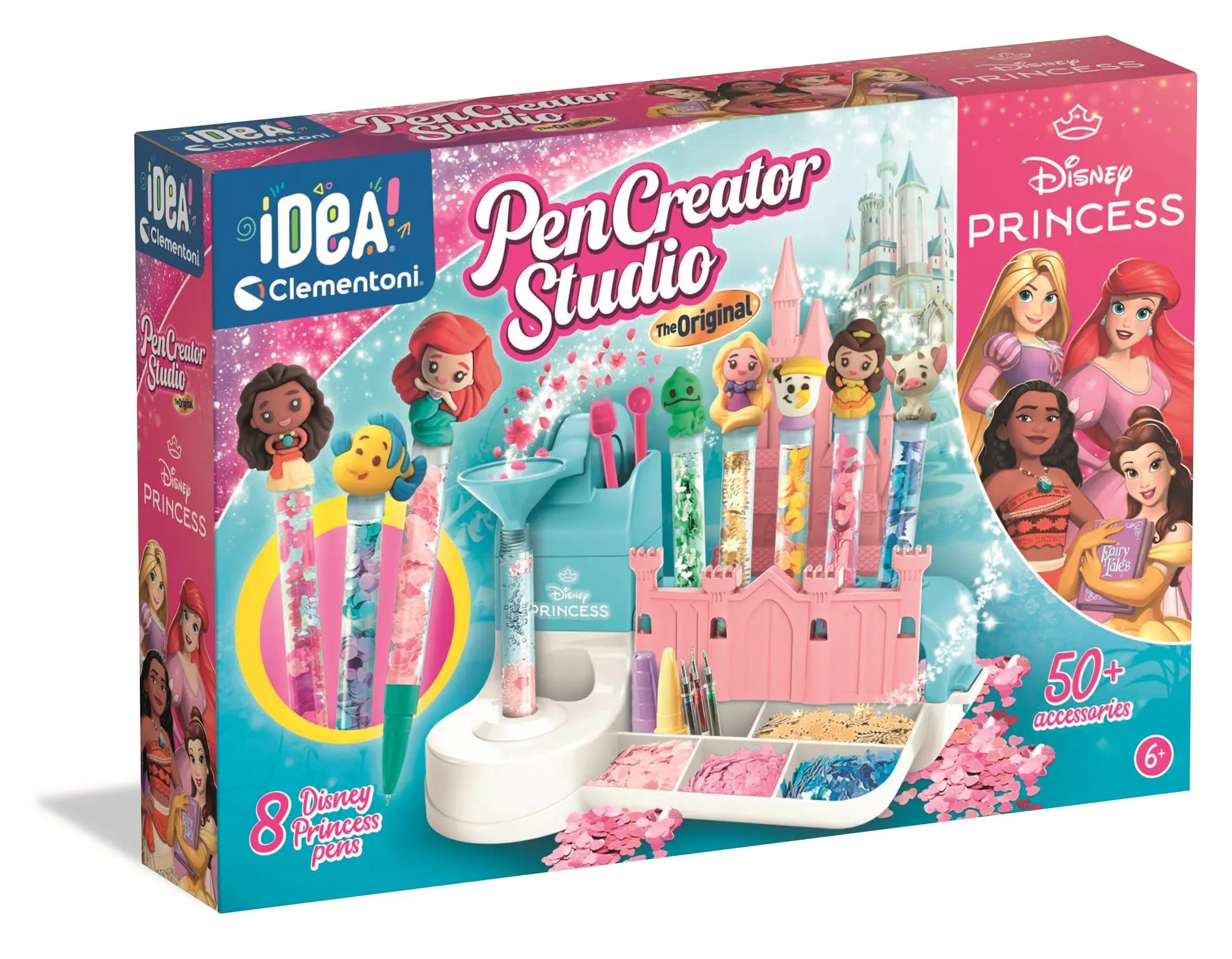 Clementoni Idea - Laboratorio delle Penne Disney Princess, Kit Creativo per Bambini 6+ Anni, con 50+ Accessori e 8 Penne Personalizzabili, Lingua Italiana, 18202
