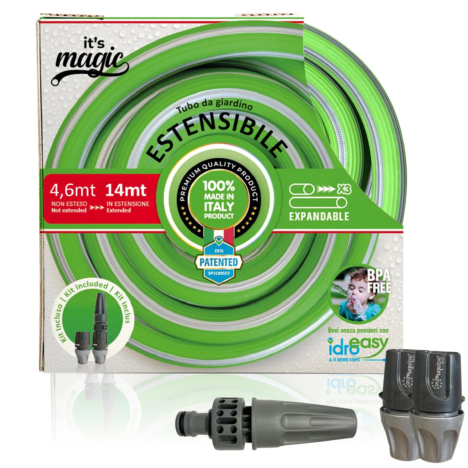 Idroeasy It's Magic Smart Open 14m Tubo Estensibile da Giardino con Lancia, Canna Acqua Anti Nodo e Anti Torsione, Leggero e Atossico, Made in Italy