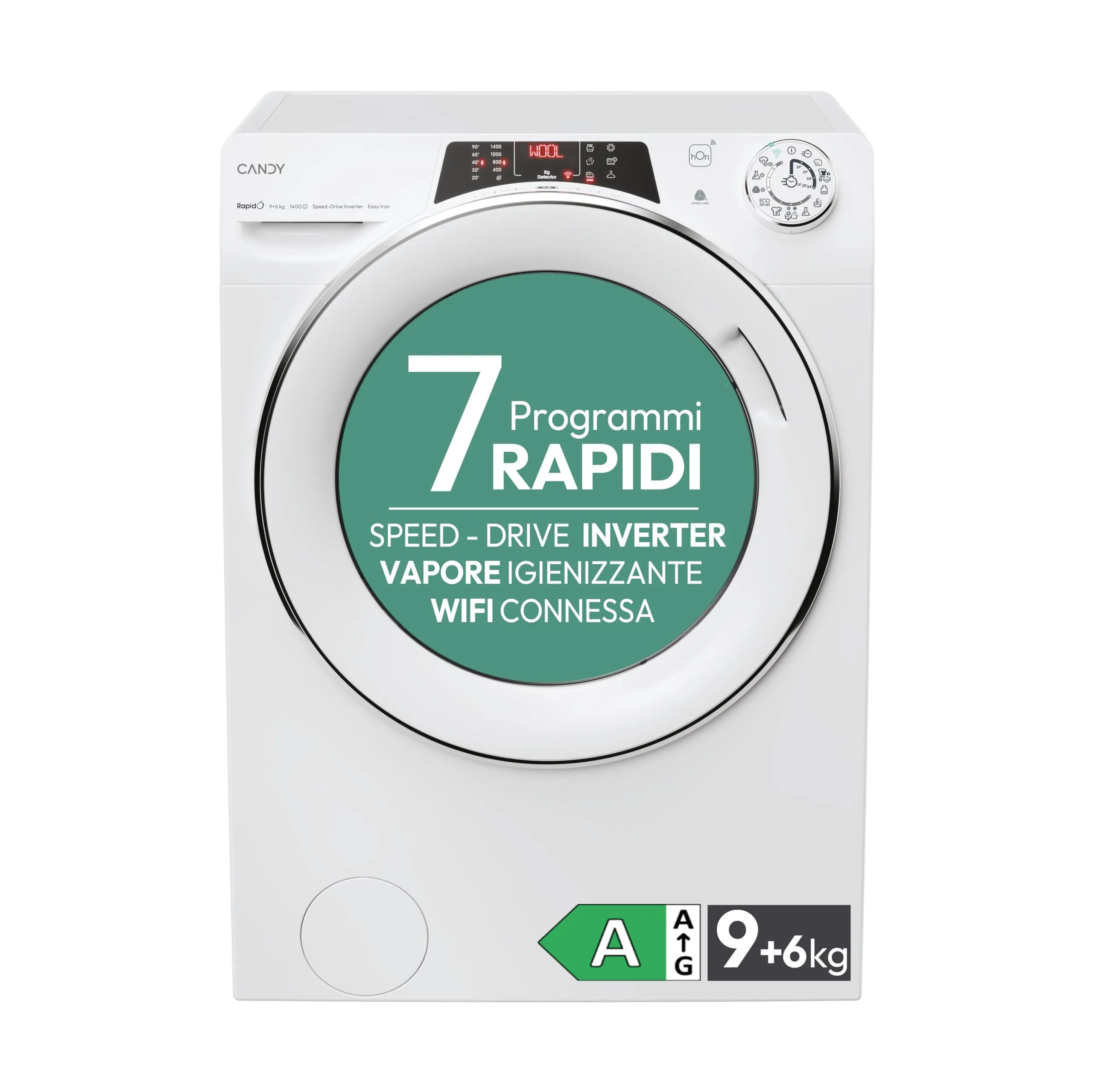 Candy RapidÓ ROW4964DWMCT/1-S Lavasciuga, 9+6 Kg, 1400 Giri, Wi-Fi + BLE, Connesso, Partenza Ritardata, Rilevatore Kg, Classe A, 60x58x85 cm, Bianco