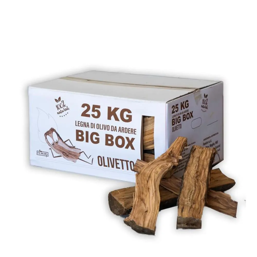 FE.MI.RO - BIG BOX 50 kg – Legna da Ardere di Ulivo per Camino, Stufa e Barbecue – 100% Ulivo, Ecologica, Pulita e Made in Italy – Scatola Impilabile e di Facile Stoccaggio