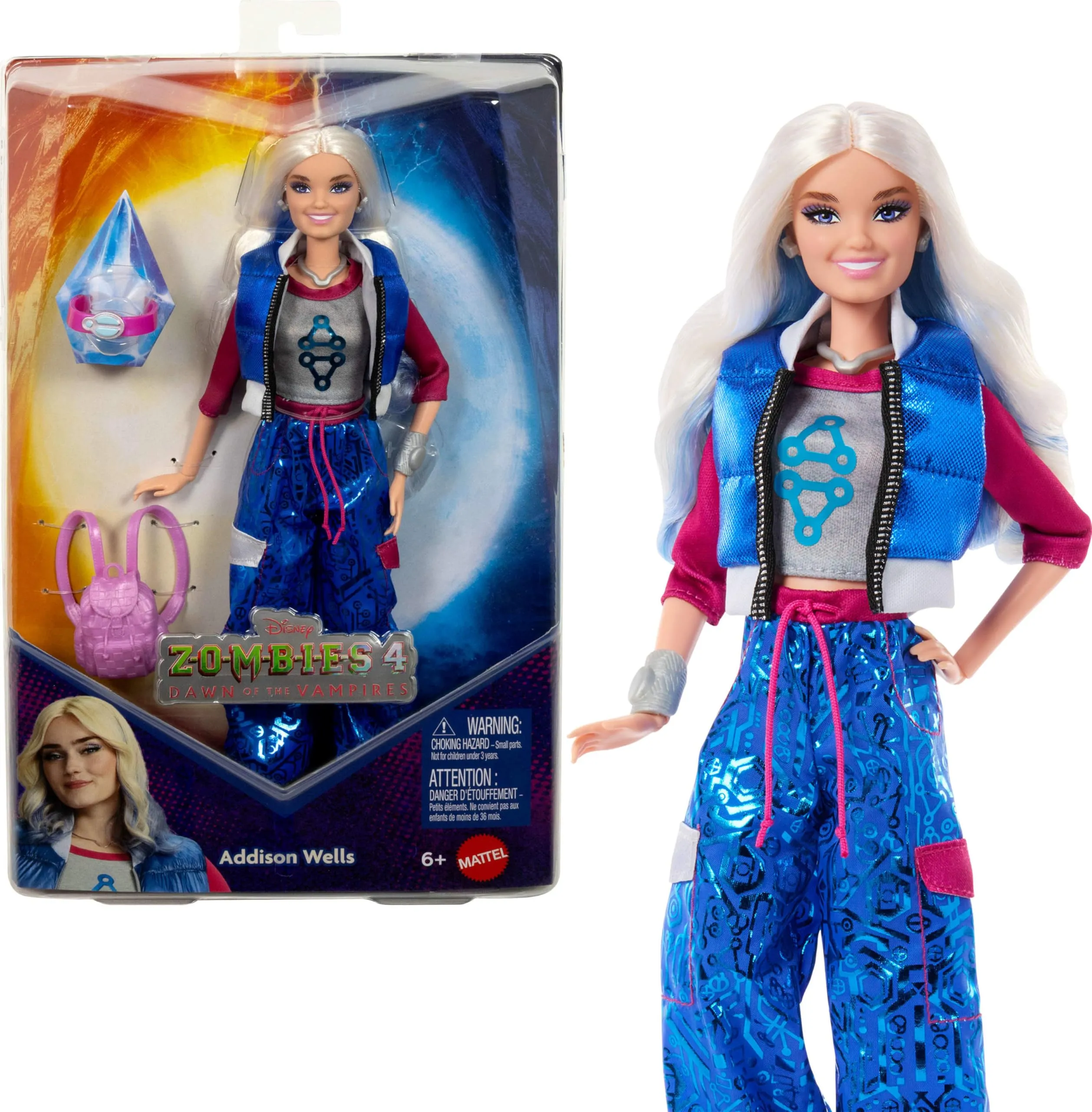 Mattel Disney Zombies 4: L’Alba dei Vampiri, Addison Wells, bambola deluxe con abito rimovibile e 6 accessori, ispirata al film, JFG32