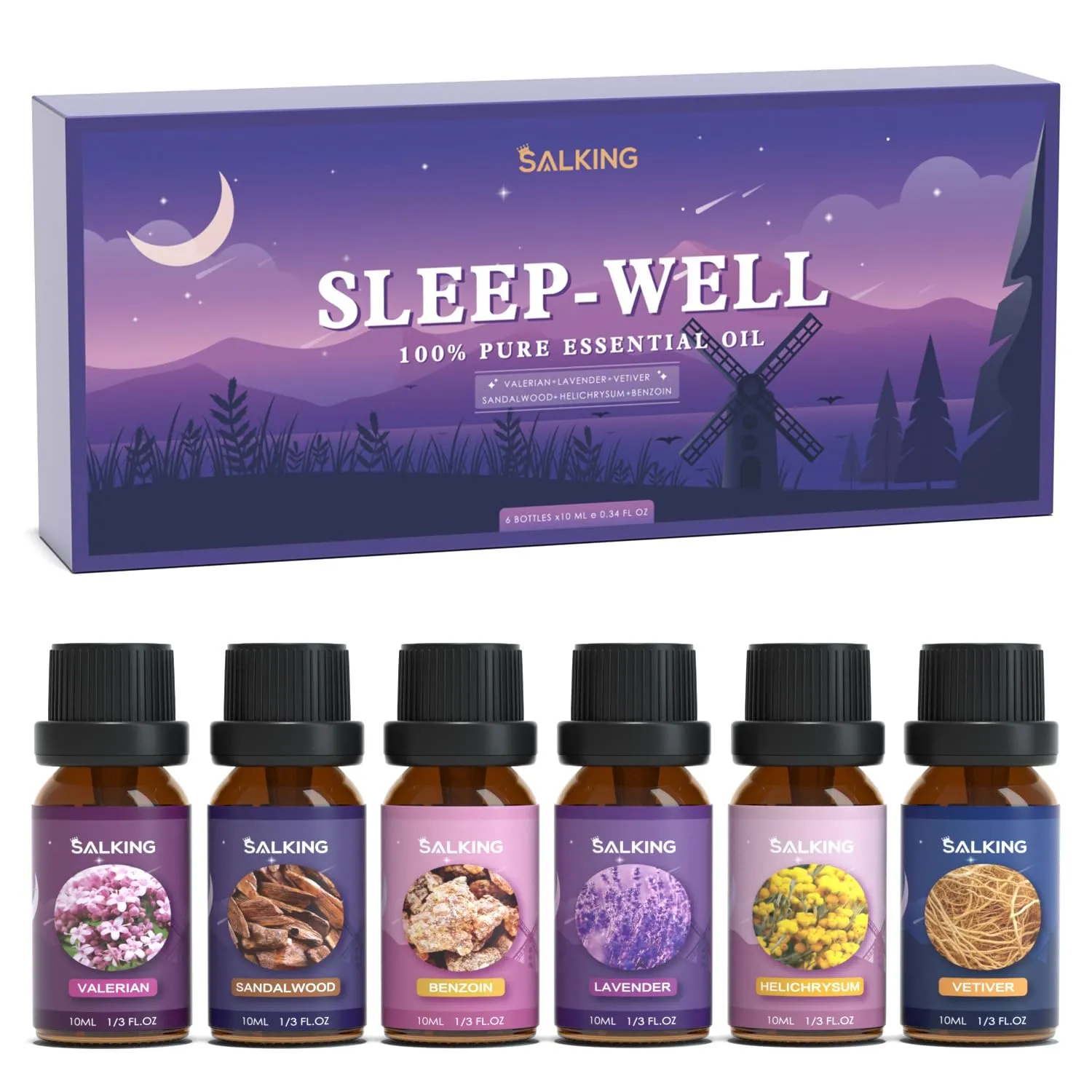 SALKING Oli Essenziali Dormire bene per Diffusori 6x10ml, Set di Olio Essenziale Puri per Aromaterapia e Massaggi - Vetiver, benzoino, valeriana, elicriso, lavanda, legno di sandal