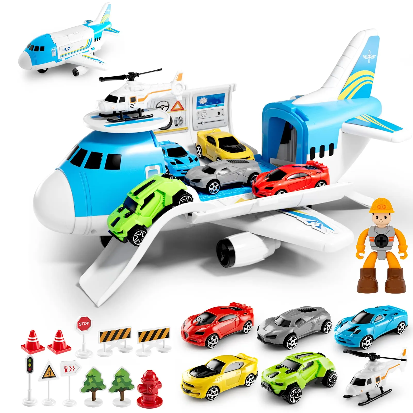 Anby families Giocattolo per Bambini 3 -5 Anni, 19 in 1 Trasportatore di Aerei Aeroplani, Camion, Regalo per Ragazzi