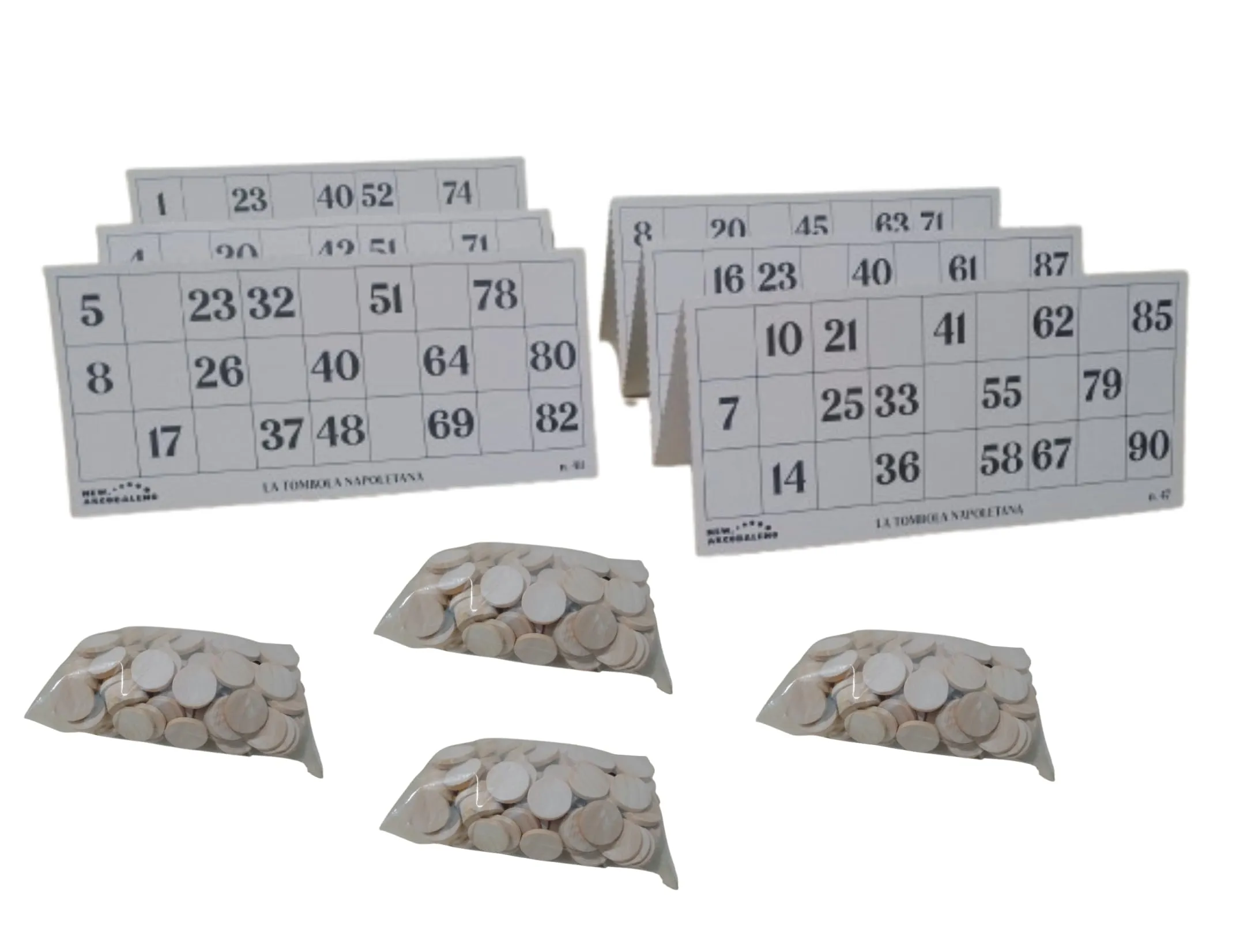 24 Cartelle Aggiuntive per Tombola Classica Napoletana + 360 copri numeri in legno