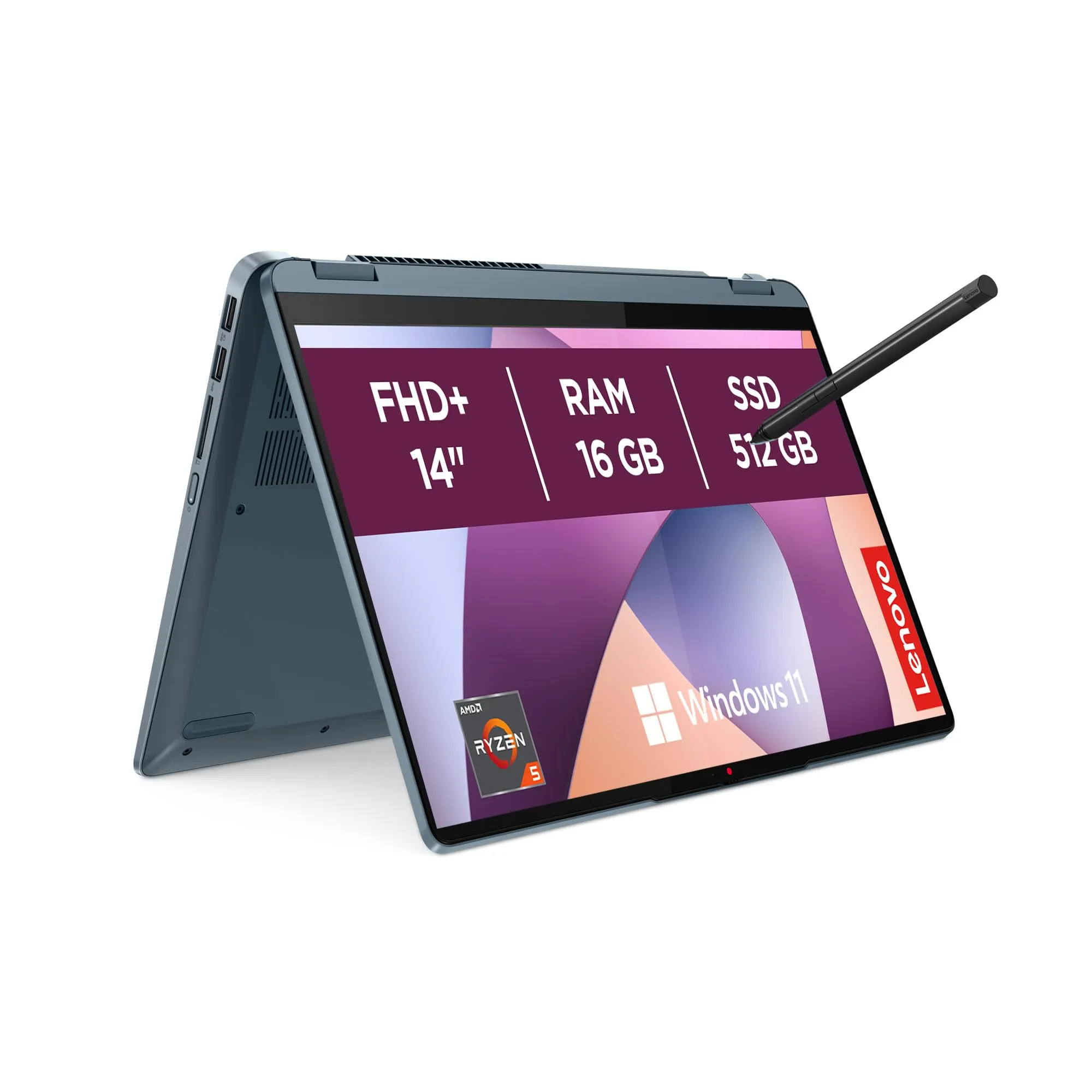 Lenovo IdeaPad Flex 5 Notebook 14" Display WUXGA (1920x1200) IPS, AMD Ryzen 5 7430U, RAM 16GB, 512GB SSD, Windows 11 Home, Digital Pen inclusa - Stone Blue