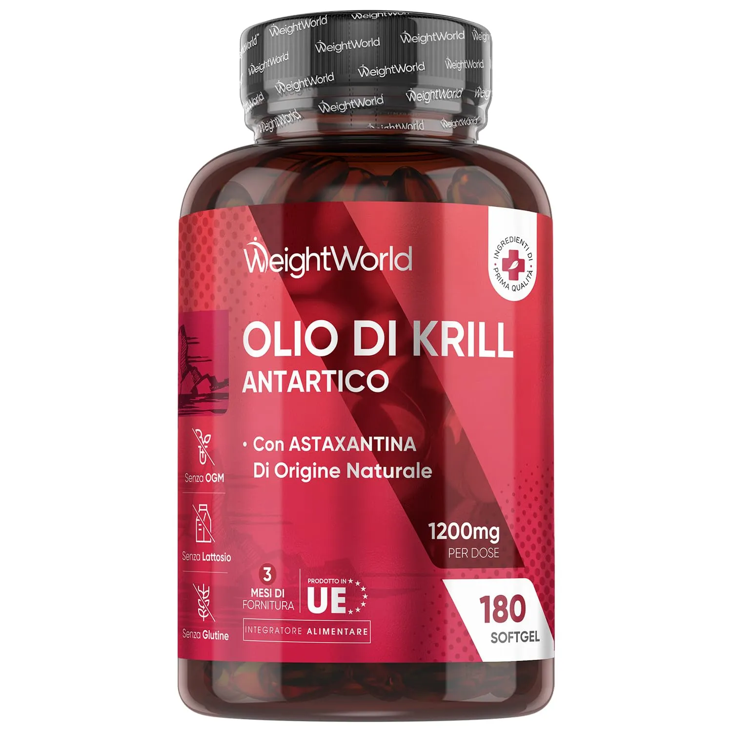 Olio di Krill Omega 3 Puro 1200mg, 180 Softgel, (3 Mesi), Olio di Krill Puro Antartico, Astaxantina, Colina, EPA, DHA, Omega 3, Fosfolipidi Marini 180mg, Omega 3 Krill Olio di Pesce Puro, Astaxanthin