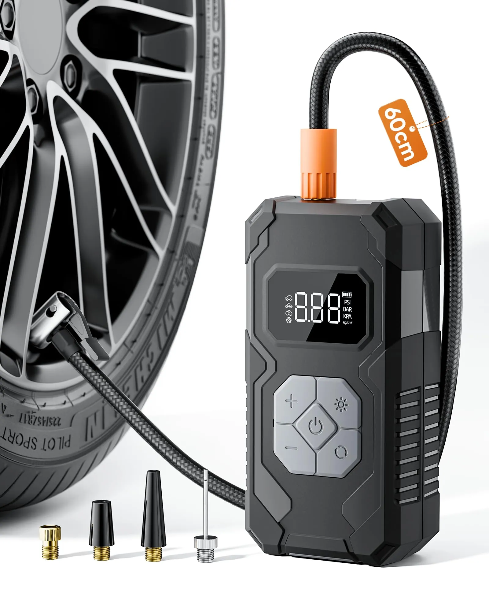 Tire Inflator Compressore Aria Portatile Senza Fili 150PSI, 15000mAh Batteria Ricaricabile con Manometro Digitale, Auto Spegnimento e Luce LED, Gonfiatore Elettrico per Auto, Moto, Bici, Palloni