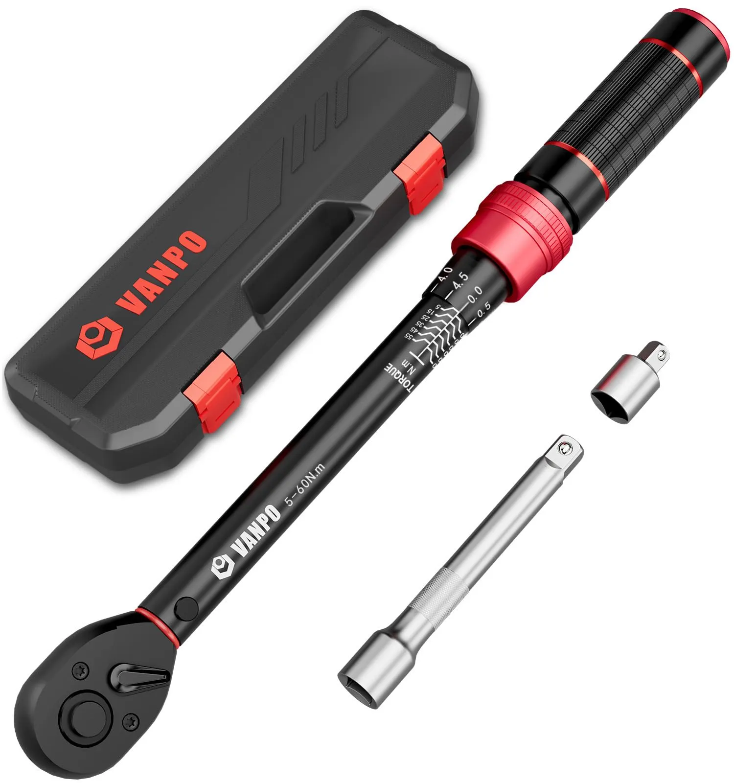 VANPO 3/8” Chiave Dinamometrica 5-60Nm, 72 Dente Moto e Bici Set di Chiavi Dinamometriche 3 Pezzi con 125mm Barra di Prolunga, Adattatore da 3/8"-1/4", per Cambio Candela Auto