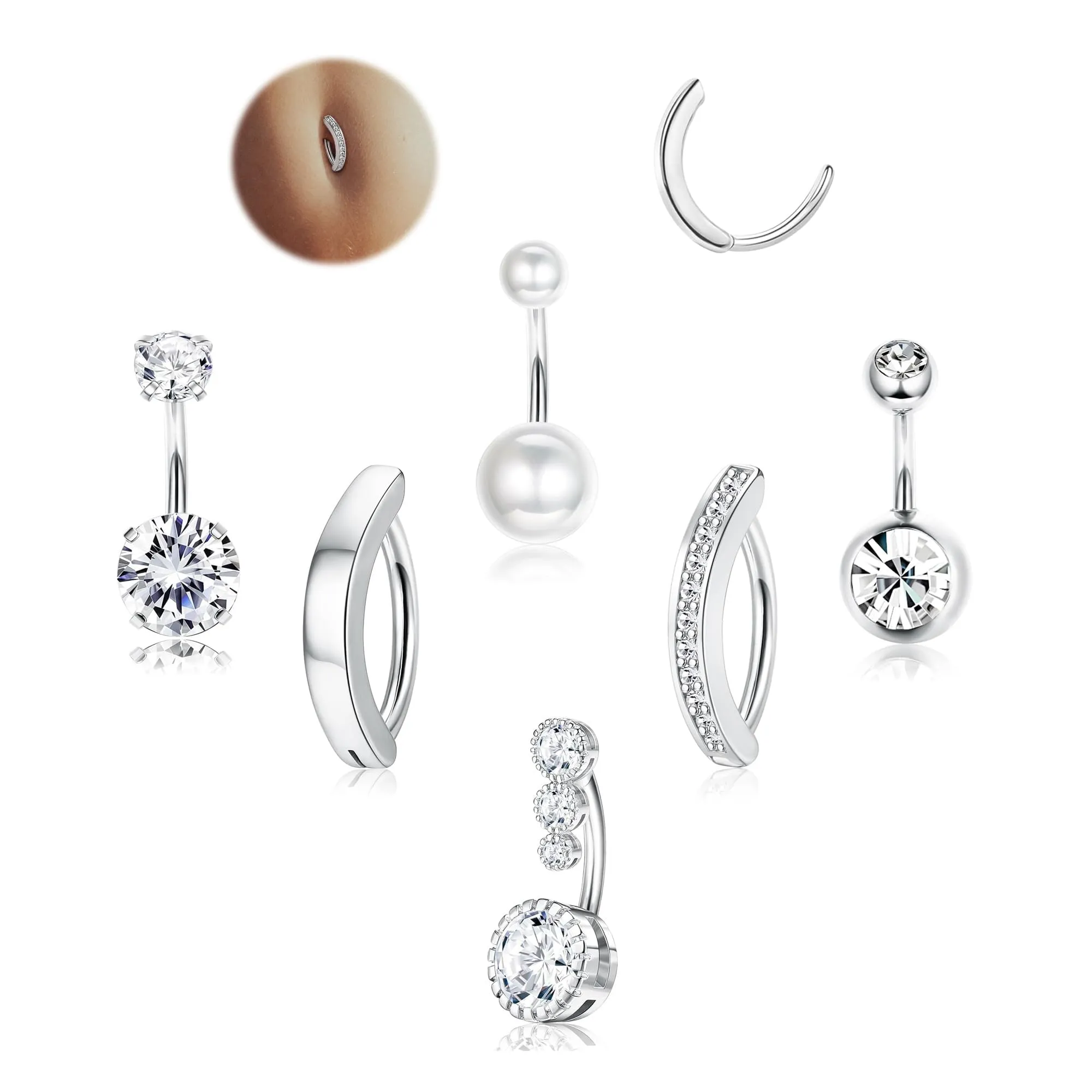 FioroYal 6Pezzi Piercing Ombelico - 14G Acciaio Chirurgico, Argento Oro Anallergico con CZ Perla Clicker Barbell Anello Set