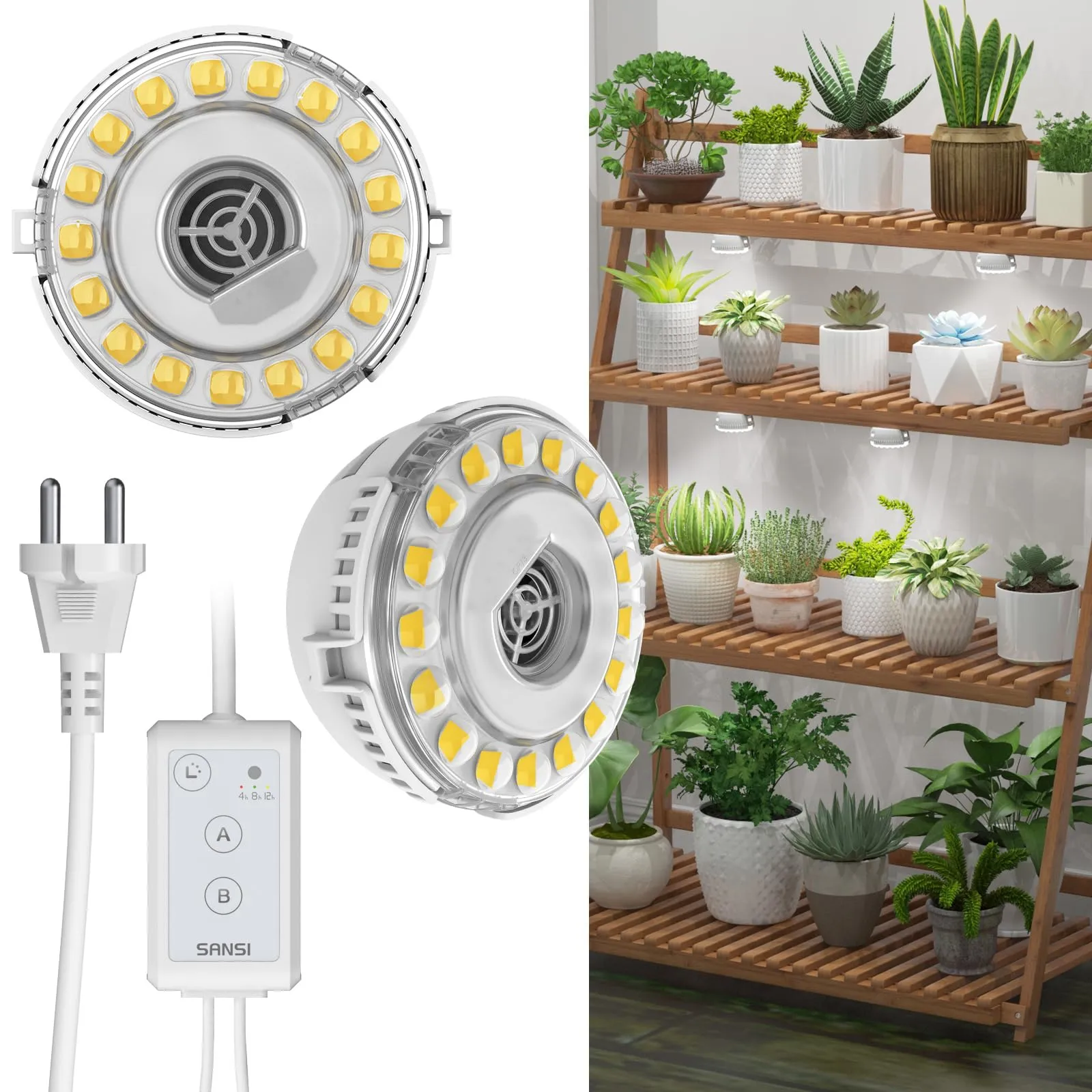 SANSI Lampada per Piante a LED 10W (equivalenti a 150 Watt), Lampada a 2 Teste a Spettro Completo da Interno Piante, luci per Piante sospese con Interruttore orario per ripiano per Piante da Interno