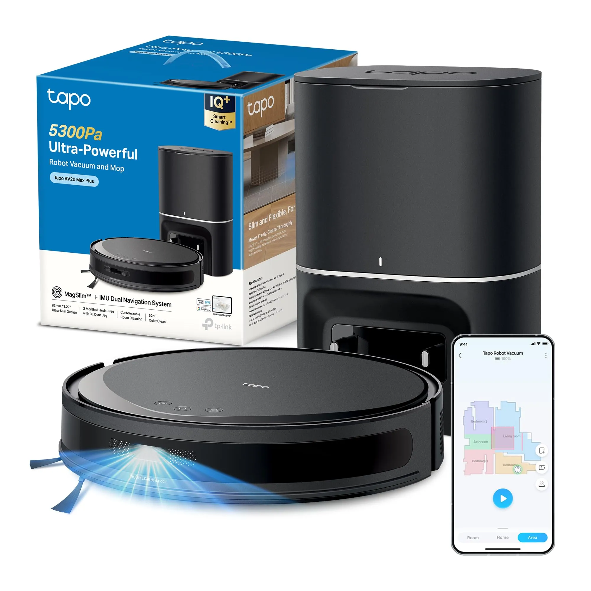 Tapo RV20 MAX Plus Robot Aspirapolvere Lavapavimenti con Mappatura 5300Pa, Svuotamento Automatico Polvere 3L, Navigazione LiDAR MagSlim, Design Ultra Compatto 83mm, Controllo APP&Alexa&Google
