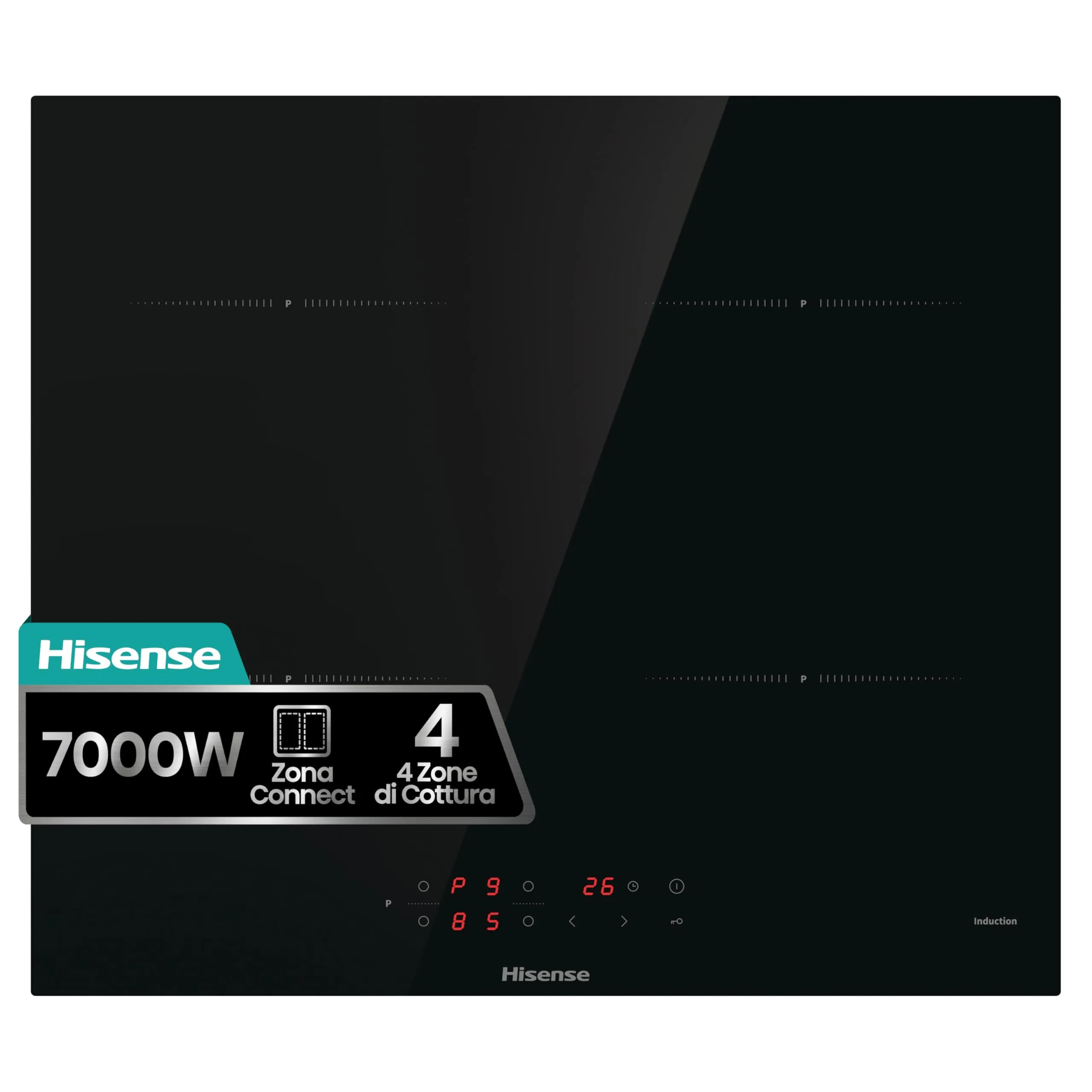 Hisense HIA64UK Piano cottura a induzione, Vetroceramica, 4 zone di cottura, Funzione Power Boost, Timer di cottura, Nero, 595 × 60 × 520 mm