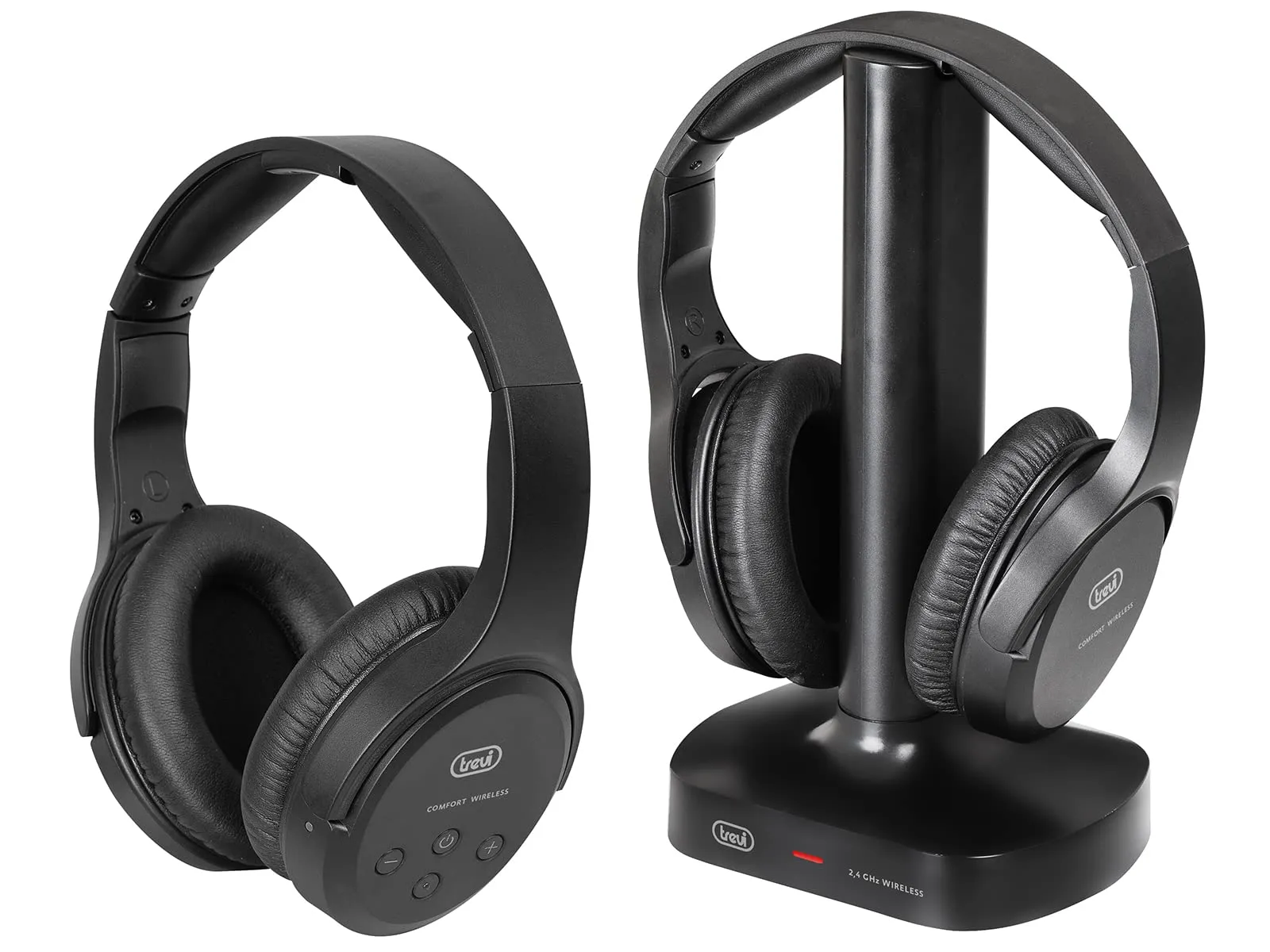 Trevi FRS 1580 TW Set di 2 Cuffie per TV Ricaricabili Wireless Senza Fili, Portata 30 Metri, Base in Dotazione per Ricarica, Nero