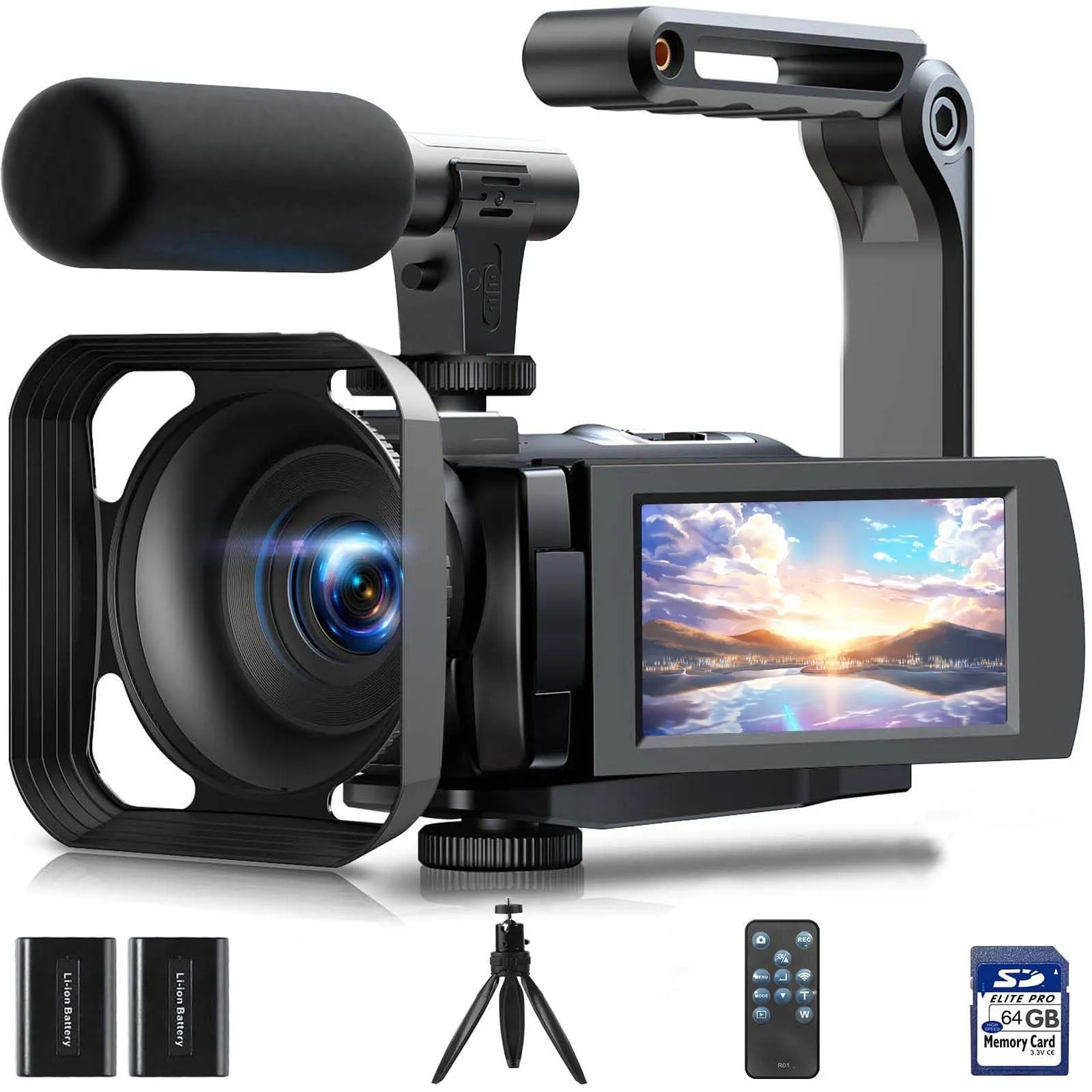 Videocamera 5K 56MP WiFi 16X Zoom Digitale con IR Visione Notturna Vlogging Camera, 3.0" IPS Schermo Video Camera per Youtube con Stabilizzatore, Scheda SD da 64 GB, Telecomando, Microfono, batterie