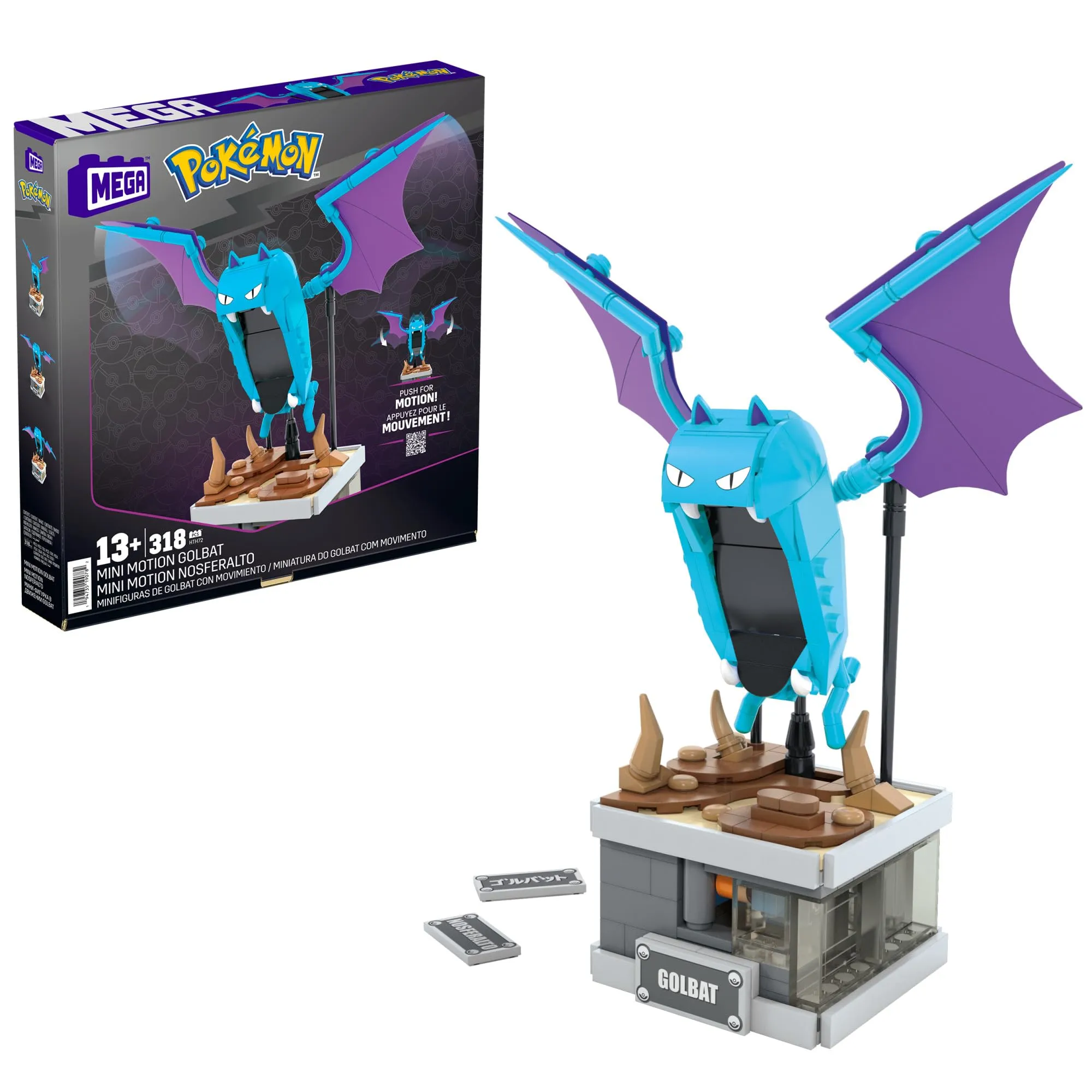 MEGA Pokémon - Golbat Mini Motion, personaggio meccanizzato da costruire con 318 pezzi e sistema Mattoncino per il movimento delle ali, set da collezione, giocattolo per bambini, 13+ anni, HTH72