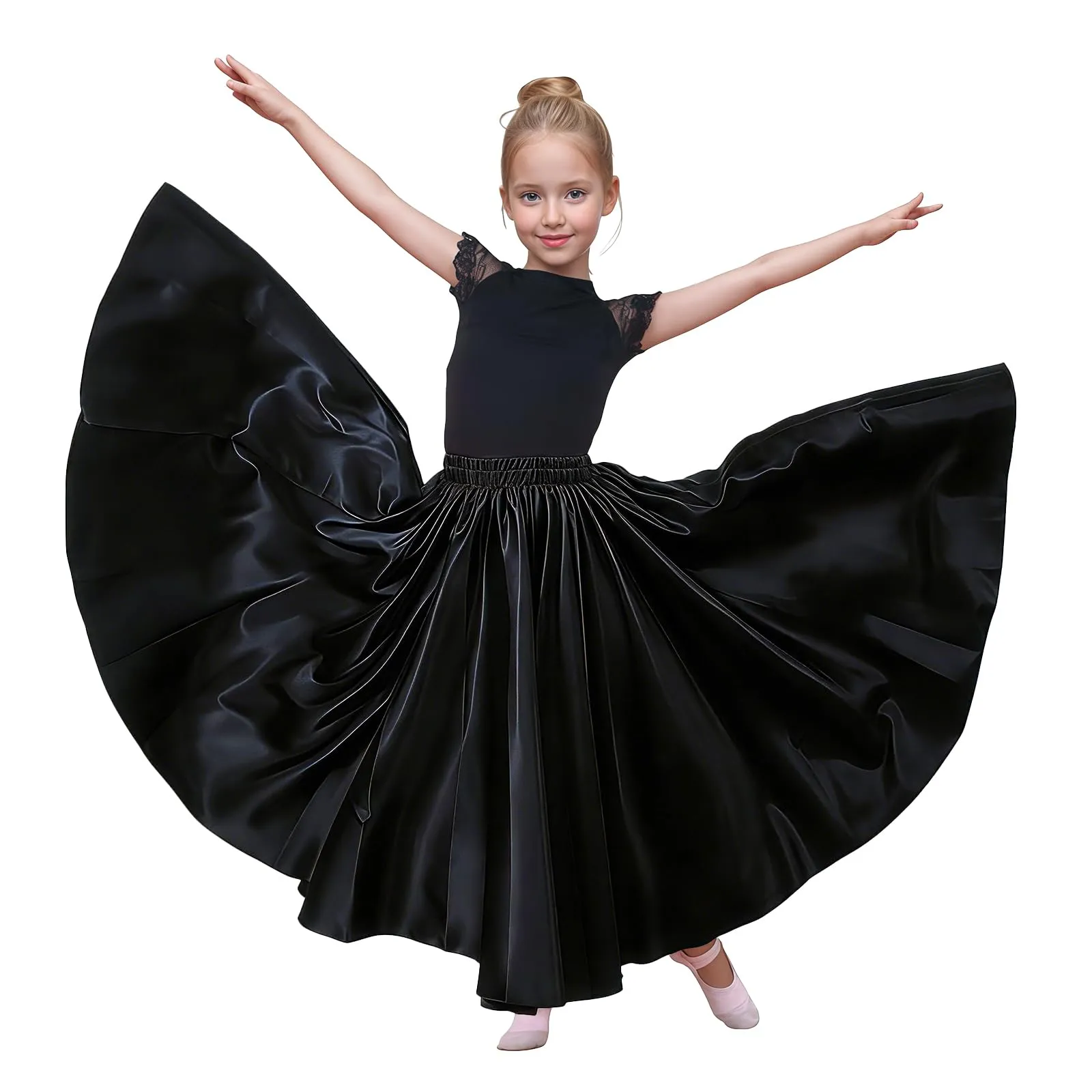 Baisdan Gonna per Danza del Ventre per Ragazze, Gonna Lunga in Raso Cerchio Completo per Danza del Ventre, Costume da Ballo Flamenco,Nero 8-12 Anni