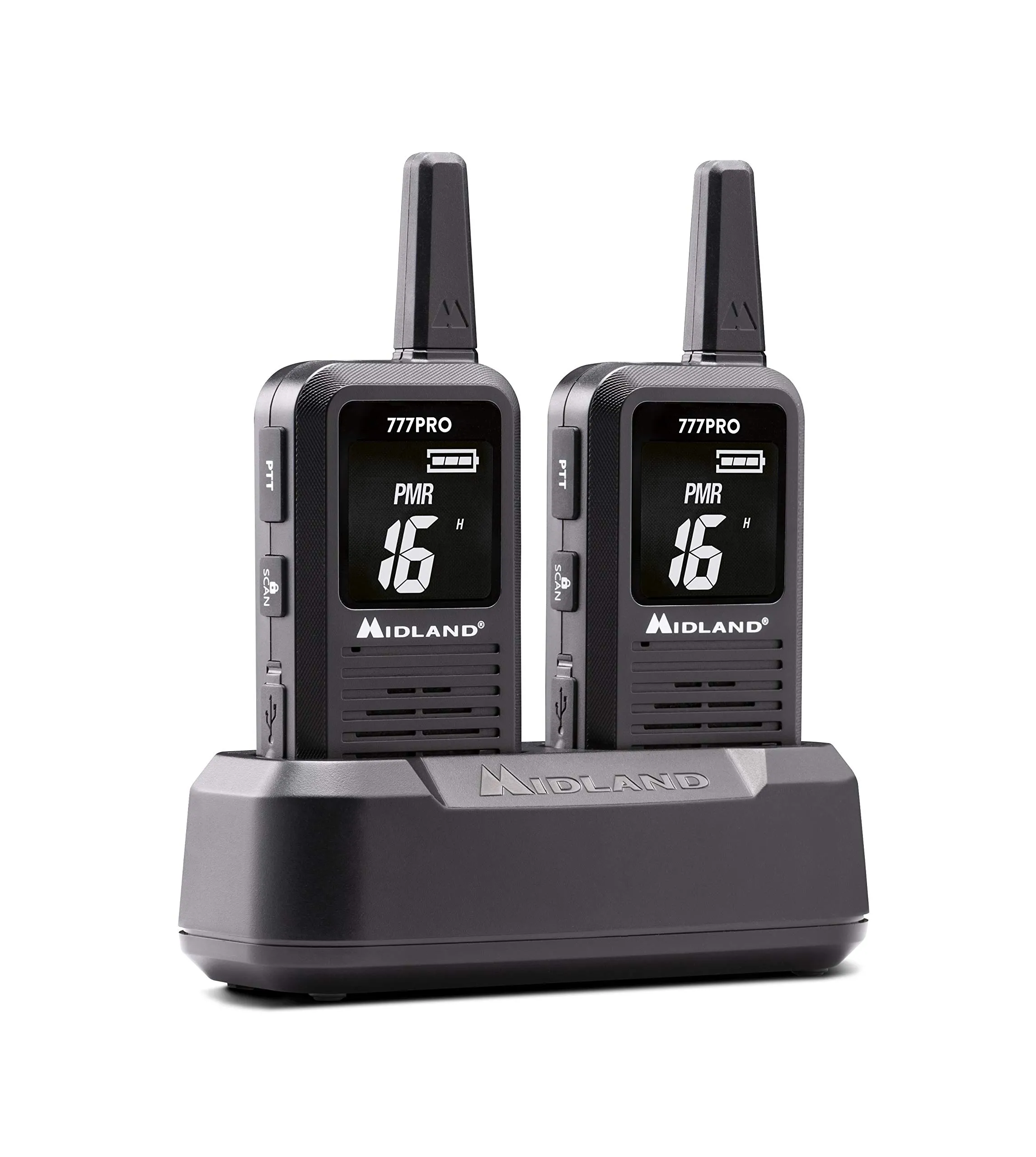 Midland - Walkie Talkie 777 Pro, 2 Ricetrasmittenti Professionali per Security, 85 Canali - 16 PMR446/69 LPD, 38 CTCSS e 104 DCS, Autonomia 14H, Copertura 6Km, Display Digitale, Batterie Ricaricabili