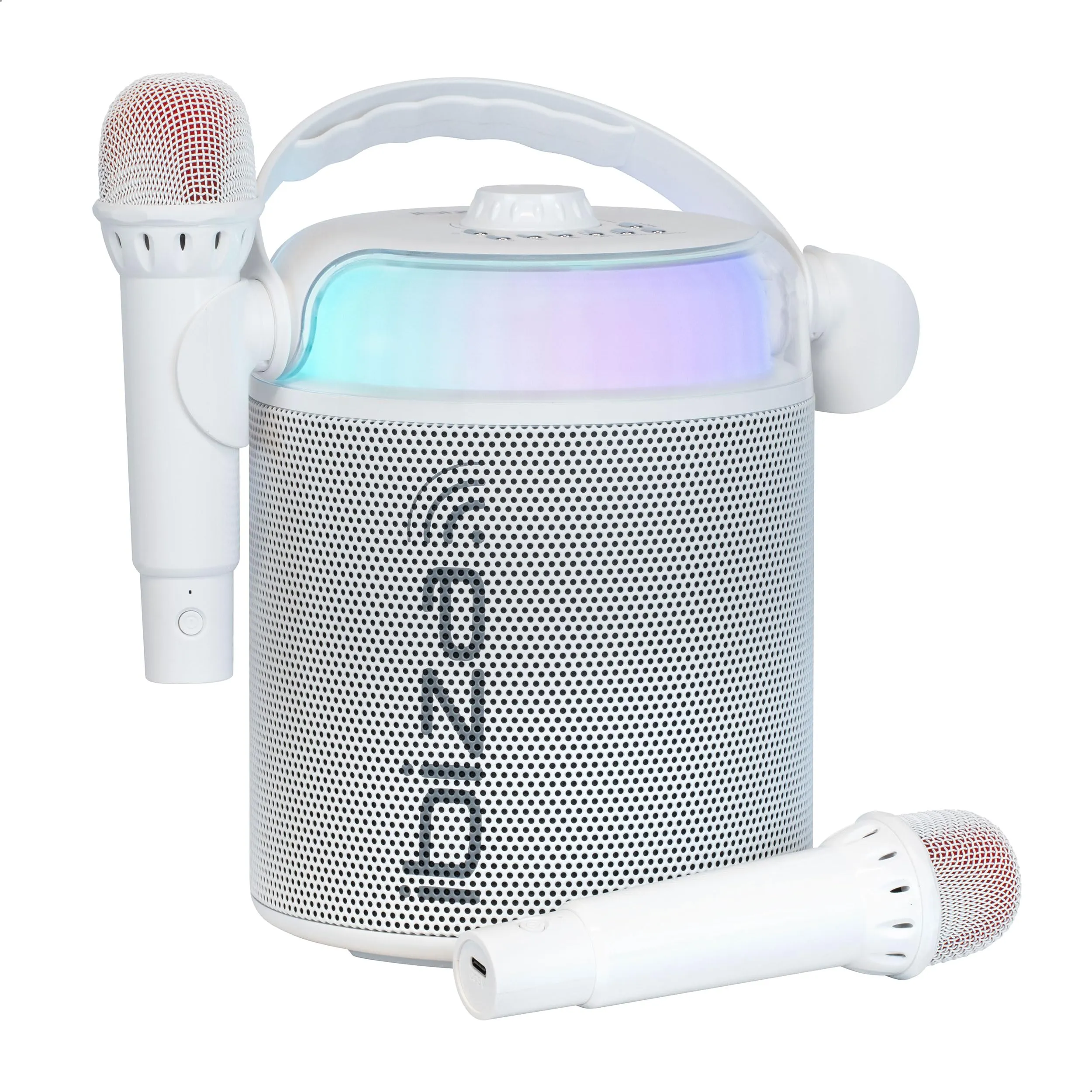 Ibiza - KARAHOME-WH - Altoparlante KARAOKE a batteria con due microfoni wireless (a batteria) - Bluetooth, USB, MicroSD, USB, AUX e COAX - Bianco