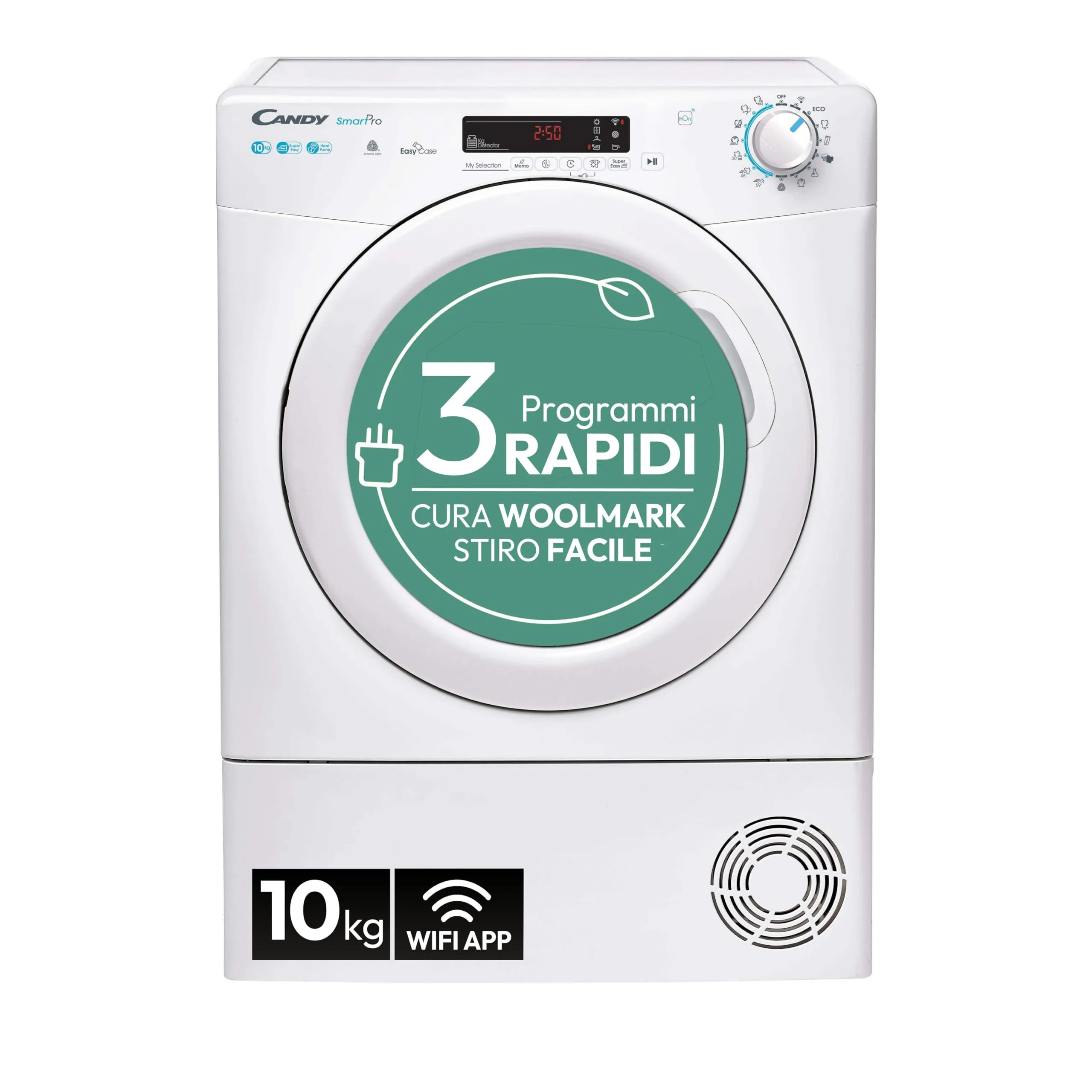 Candy Smart Pro CSOE H10A2DE-S Asciugatrice 10 Kg, Pompa di Calore, Libera Installazione, Controllo Remoto Avanzato, Connessa Wi-Fi, Classe A++, Bianca, 59,6x58,5x85
