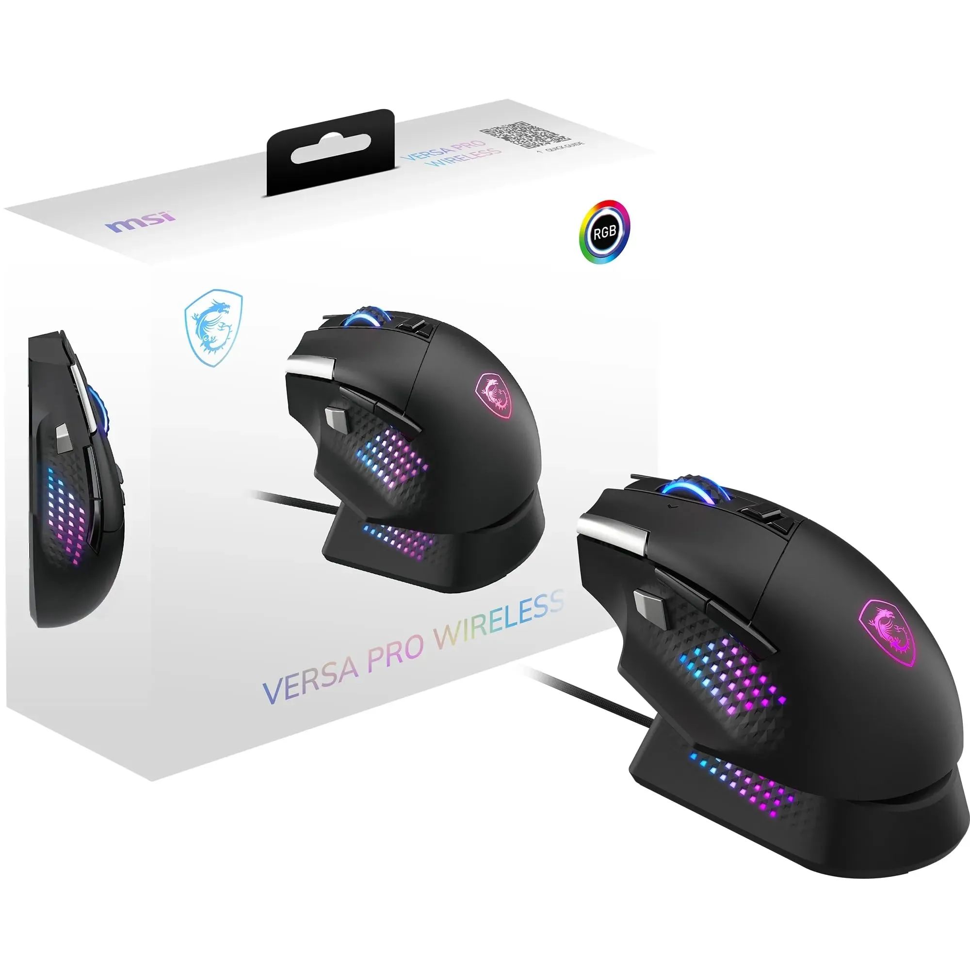 MSI VERSA PRO WIRELESS + MOUSE DOCK PRO Mouse Gaming – Dock di ricarica, sensore ottico da 26.000 DPI, polling rate 1000Hz, design per destrorsi, batteria da 80 ore, peso 97 g – Cablata e Wireless