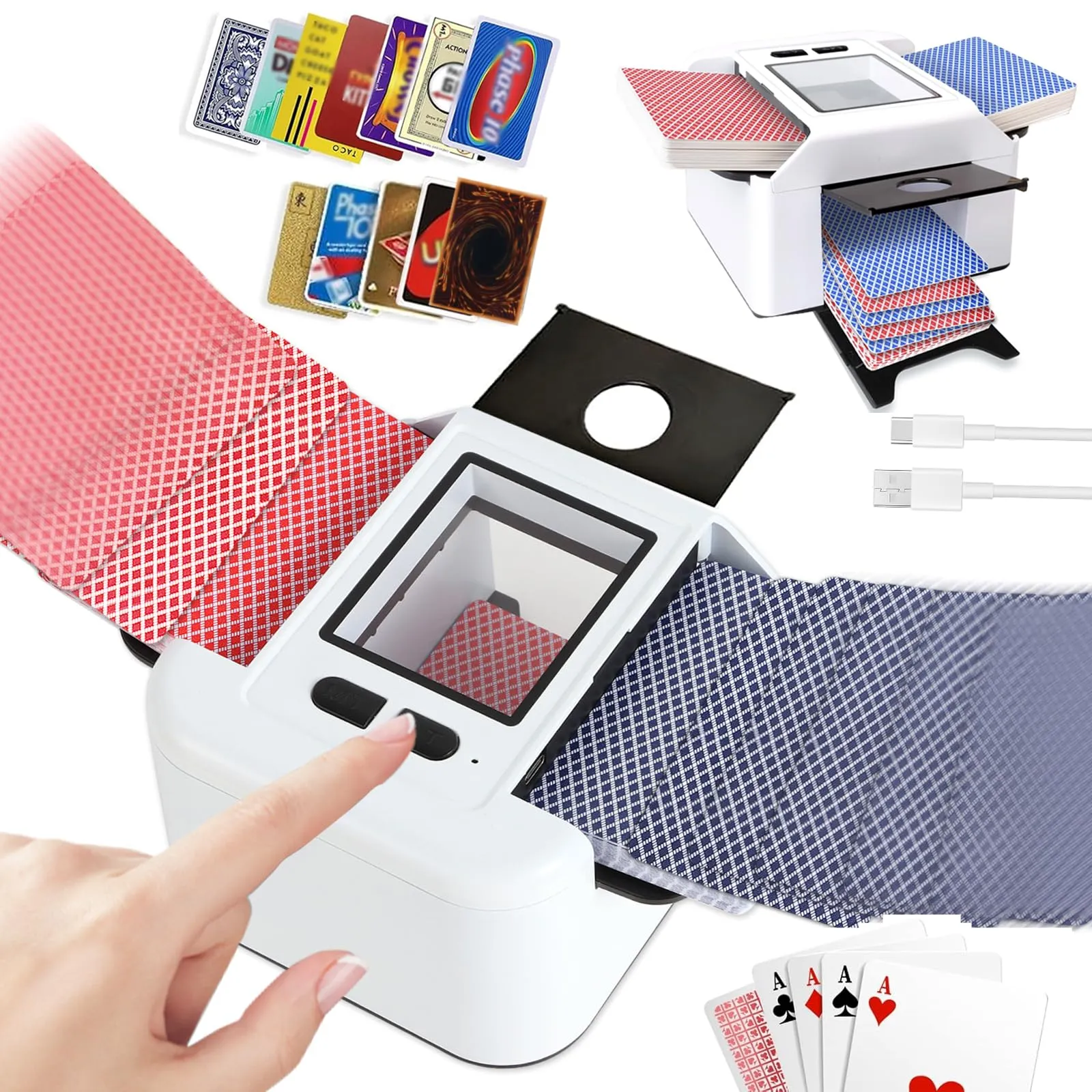 NXPZ Miscelatore Automatico di Carte, Miscelatore Elettrico per 1-2 Mazzi di Carte, modalità Automatica e Manuale, Ricaricabile 2000 mAh, Portatile e Basso Rumore per Poker, Uno, Blackjack, Skip-BO