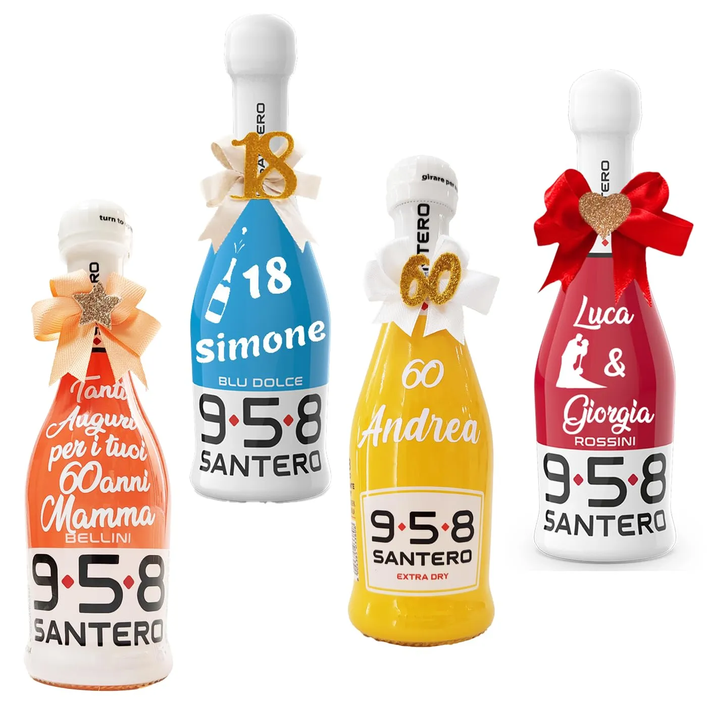 KIT 12 BOTTIGLIE - Bottiglia personalizzata Spumante SANTERO BABY MINI PICCOLA - con scritta ed emoticon personalizzabili, Fiocco con dettaglio unico da scegliere in fase di personalizzazione
