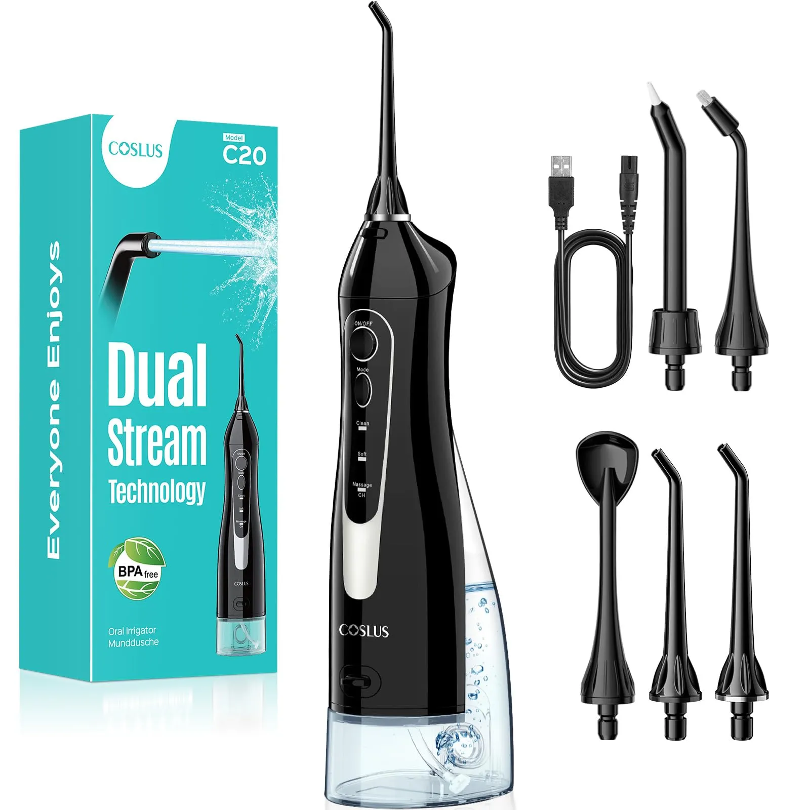 COSLUS Idropulsore Dentale Portatile Senza Fili, 300 ML Irrigatore Idropulsore Ricaricabile Foppio Flusso Impermeabile IPX7 Water Orale Flosser Pulizia Denti Ideale per Viaggi a Casa Nero