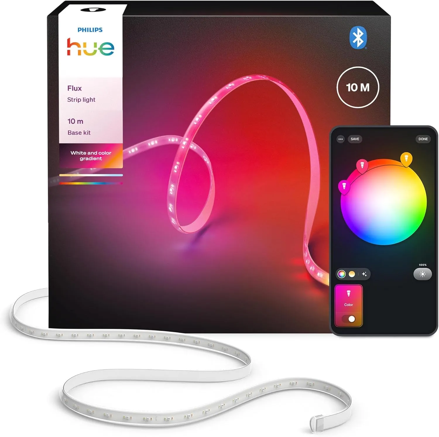Striscia LED Hue Flux, 10 metri, 2.000 lm, colori e atmosfera vivaci, luce per interni flessibile, miscela dei colori Chromasync™, RGBWWIC, tagliabile, estensibile, riusabile, controllo voce/app