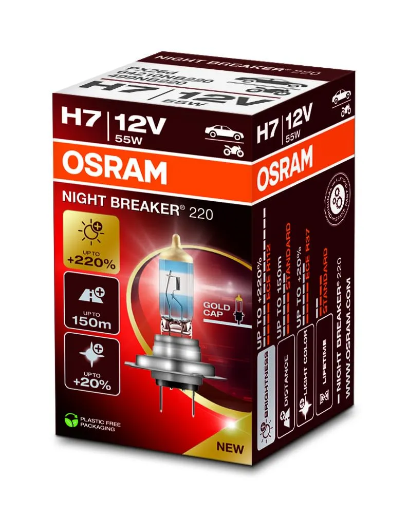 OSRAM NIGHT BREAKER 220, H7, +220% di luminosità in più, lampada faro alogena, 64210NB220, scatola pieghevole (1 lampada)