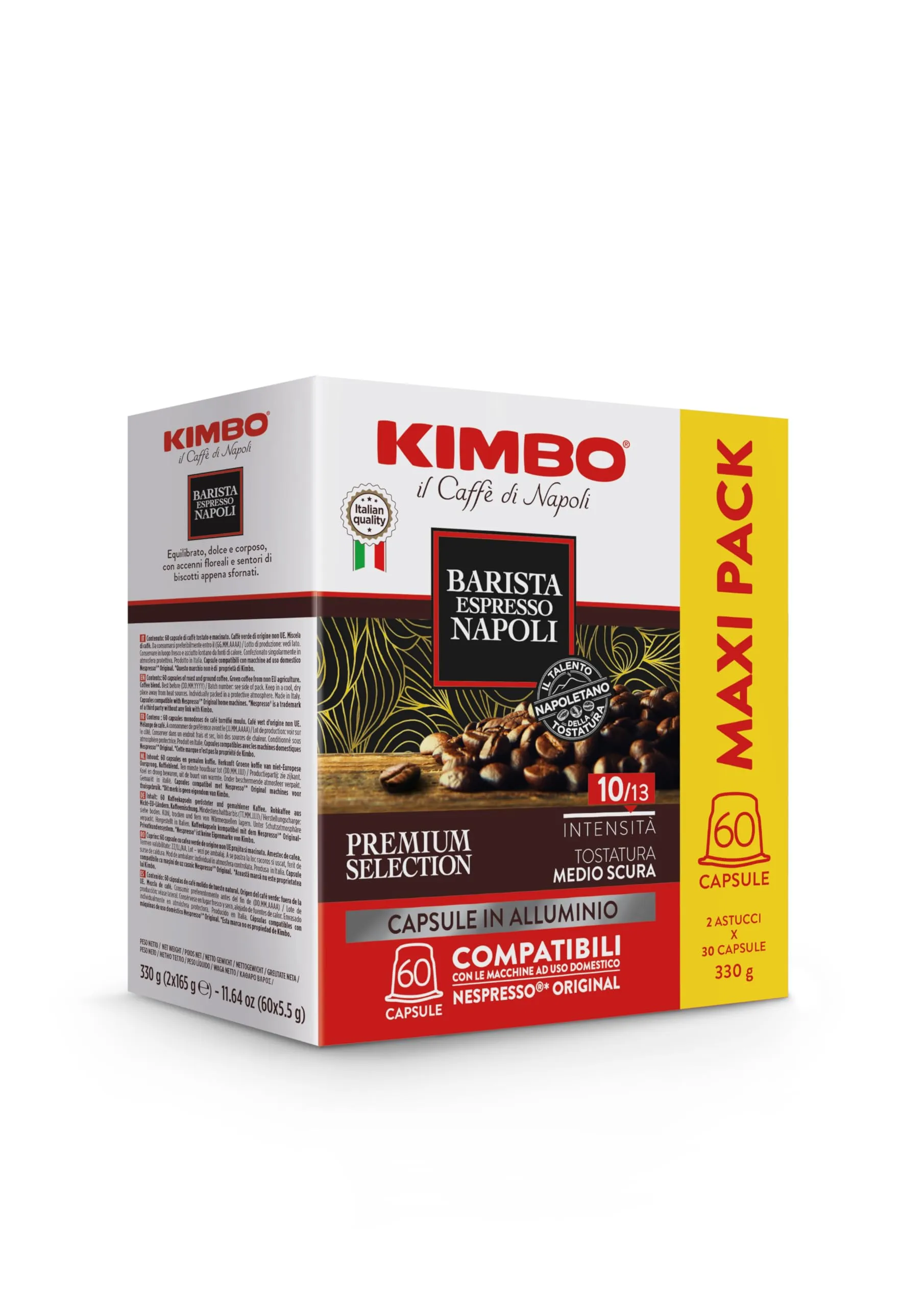 Kimbo, Barista Espresso Napoli, 60 Capsule Caffè in Alluminio Compatibili Nespresso®* Original®*, Miscela Corposa, Intensità 10/13, Tostatura Medio-Scura, 2 Pack da 30 Capsule