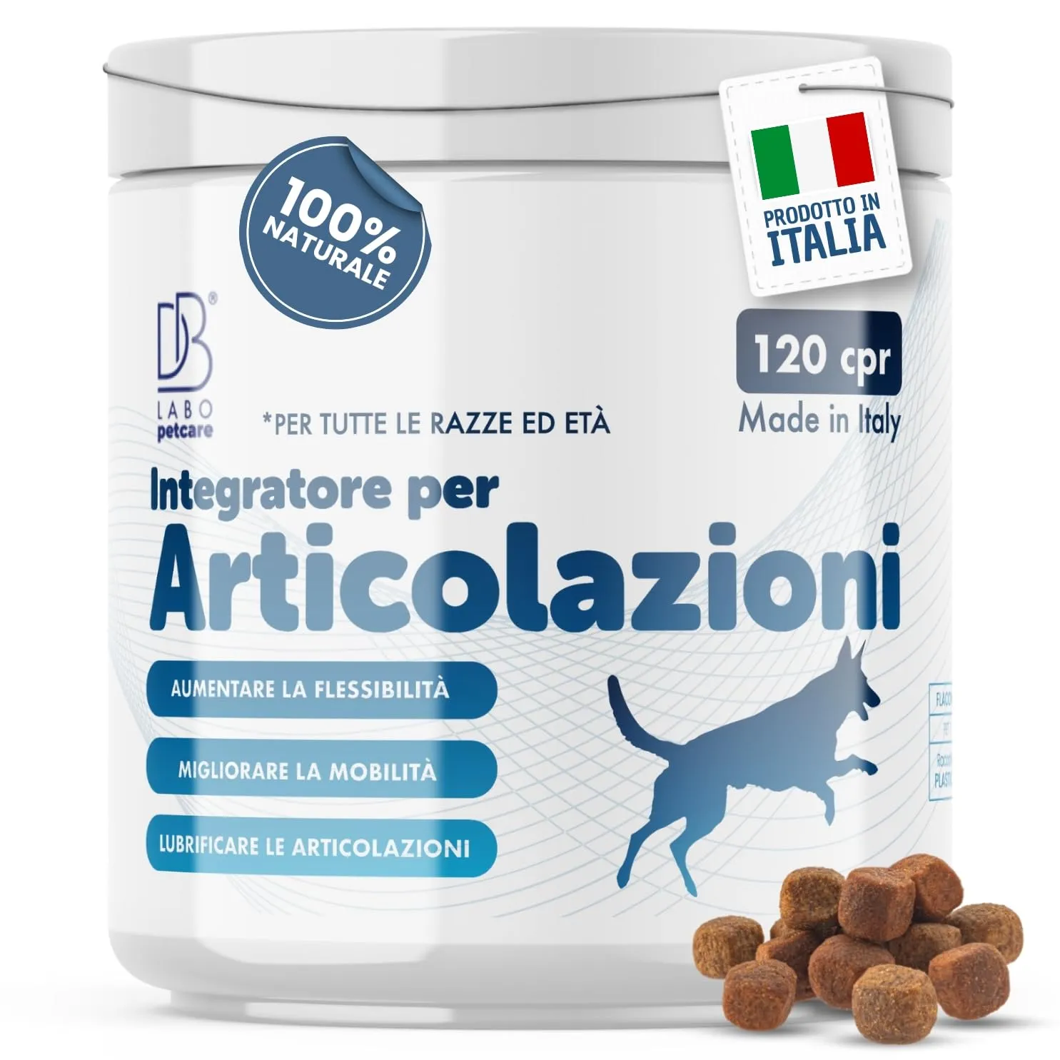Db Labo Integratore Articolazioni Cane di Tutte Le età e Razze - 120 CPR di Joint Care Vegane con Glucosamina, Condroitina e Artiglio del Diavolo per la Flessibilità e Mobilità Articolare - Made IT