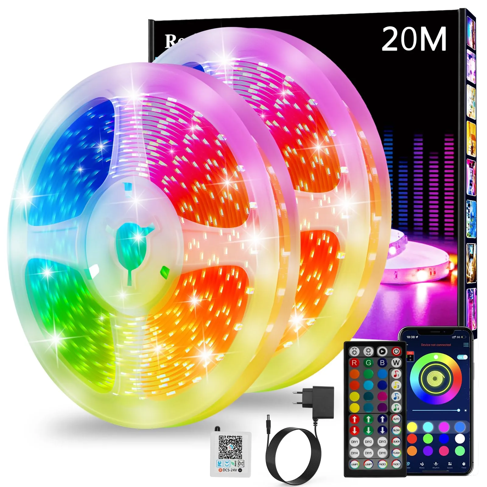 Realky Striscia LED 20M, Luci LED Cambia Colore, APP Bluetooth e Telecomando a 44 tasti, Sincronizzazione musica e timer, Decorazione strisce LED per camera da Letto, Feste (10M*2)