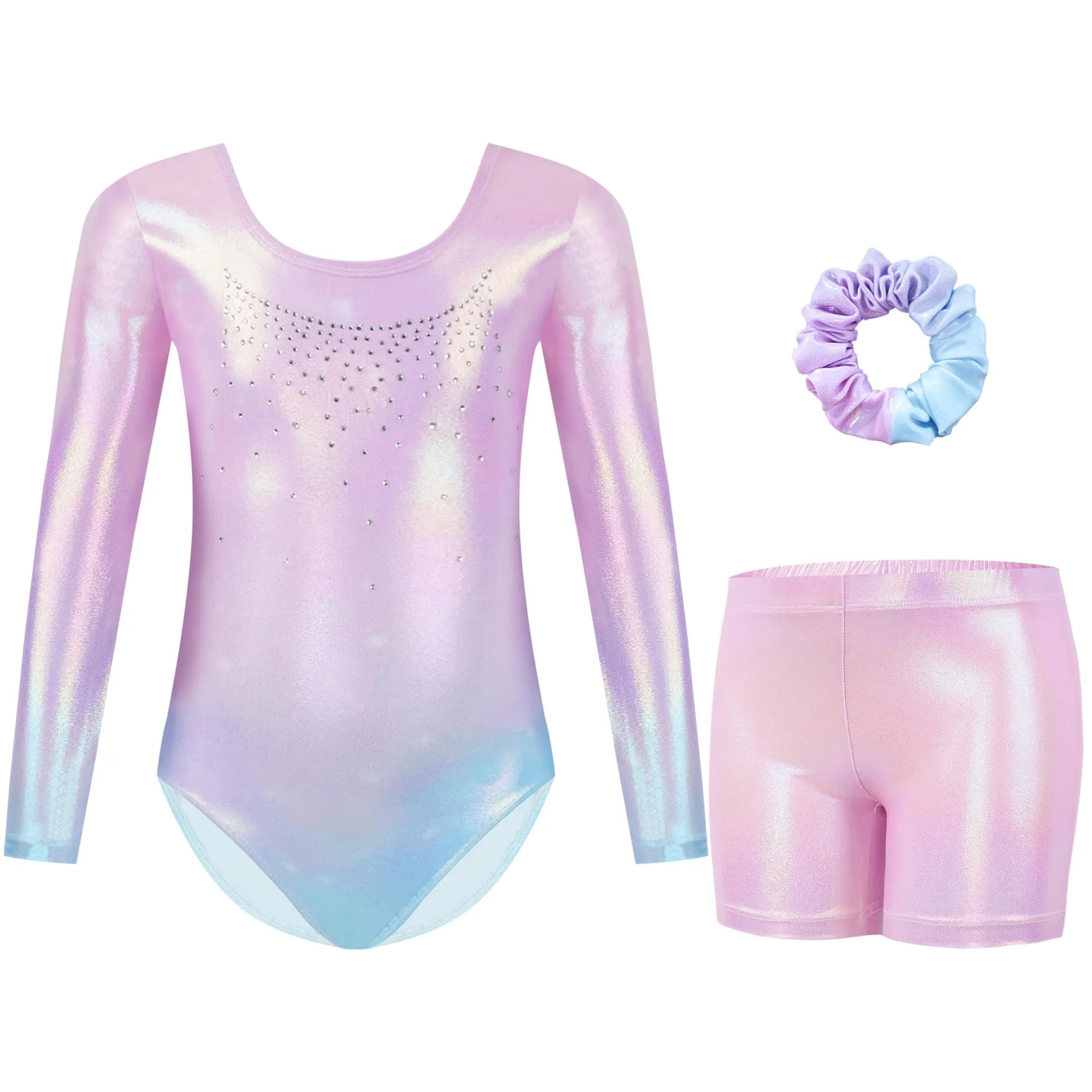 Gogokids Body da bambina per ginnastica a tre pezzi, set da ginnastica a maniche lunghe con pantaloncini e fascia per capelli, body brillanti per danza classica - abbigliamento da ginnastica con