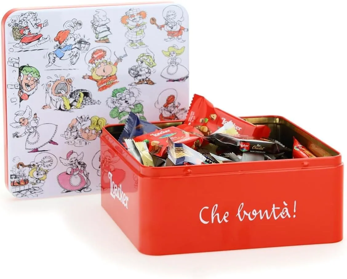 Loacker Latta Gnometti Best Of, Mix di Bontà Minis in una Confezione Regalo Latta con Gnometti, Bontà a Base di Cioccolato al Latte, Fondente e Bianco, 1 Confezione da 307,5 g