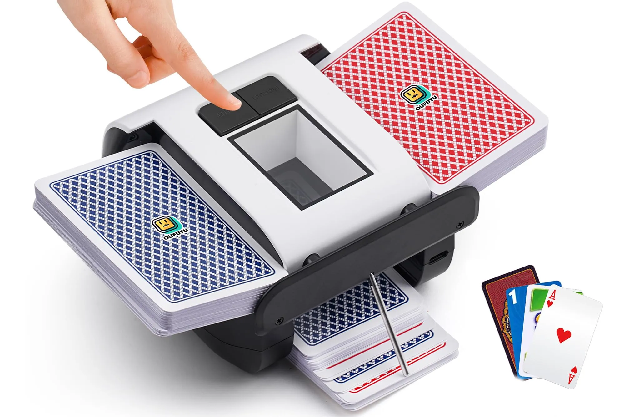 OUFUYU Mischia Carte Automatico, Mescolatore Carte da Gioco Elettrico per 1-2 Mazzi, modalità Auto e Manuale, Ricaricabile, Basso Rumore per Poker, Uno, Blackjack, Skip-Bo, Phase 10, Texas Hold'em