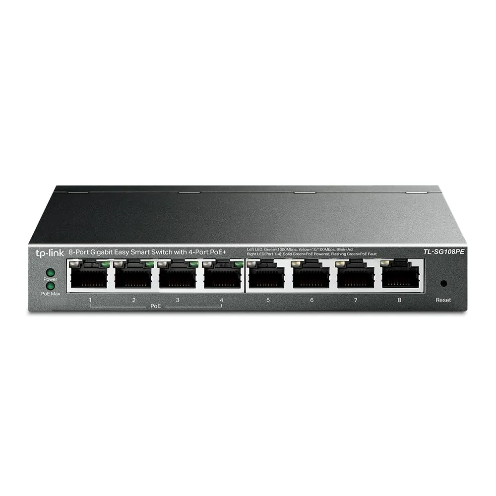 TP-Link Switch Gigabit TL-SG108PE Easy Smart con 4 porte PoE+ (64 watt, porte RJ-45 schermate, IEEE-802.3af/at, configurazione semplice, senza ventola), nero/antracite, 8 porte PoE Smart