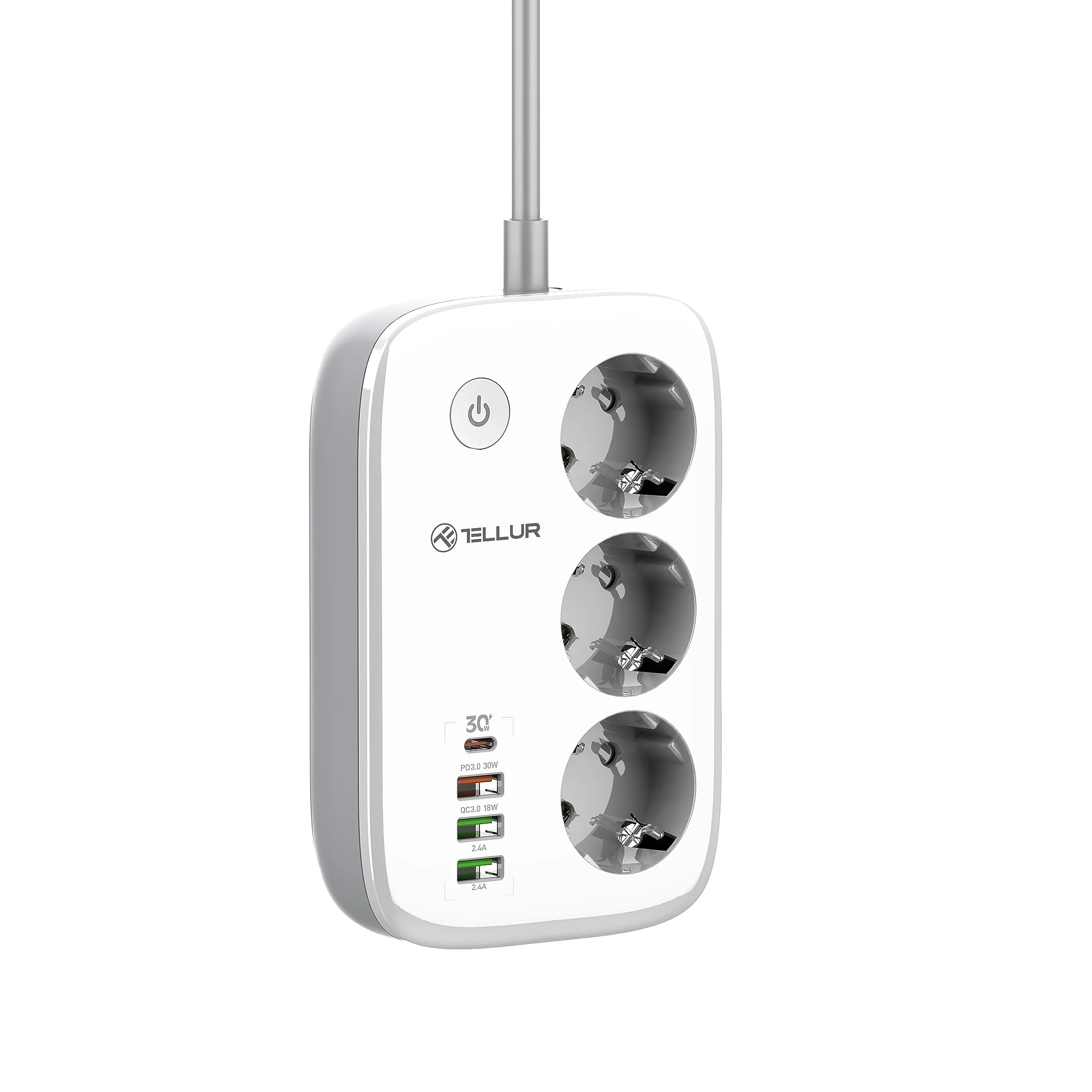 TELLUR SMART Multipresa WiFi, Ciabatta Intelligente, App per Telefono, Compatibile con Alexa e Google, Ciabatta Alexa WiFi con 3 prese, 1 x PD30W, 1 x USB QC18W 2 x USB 2,4 A, cavo da 2 m, 2500 W