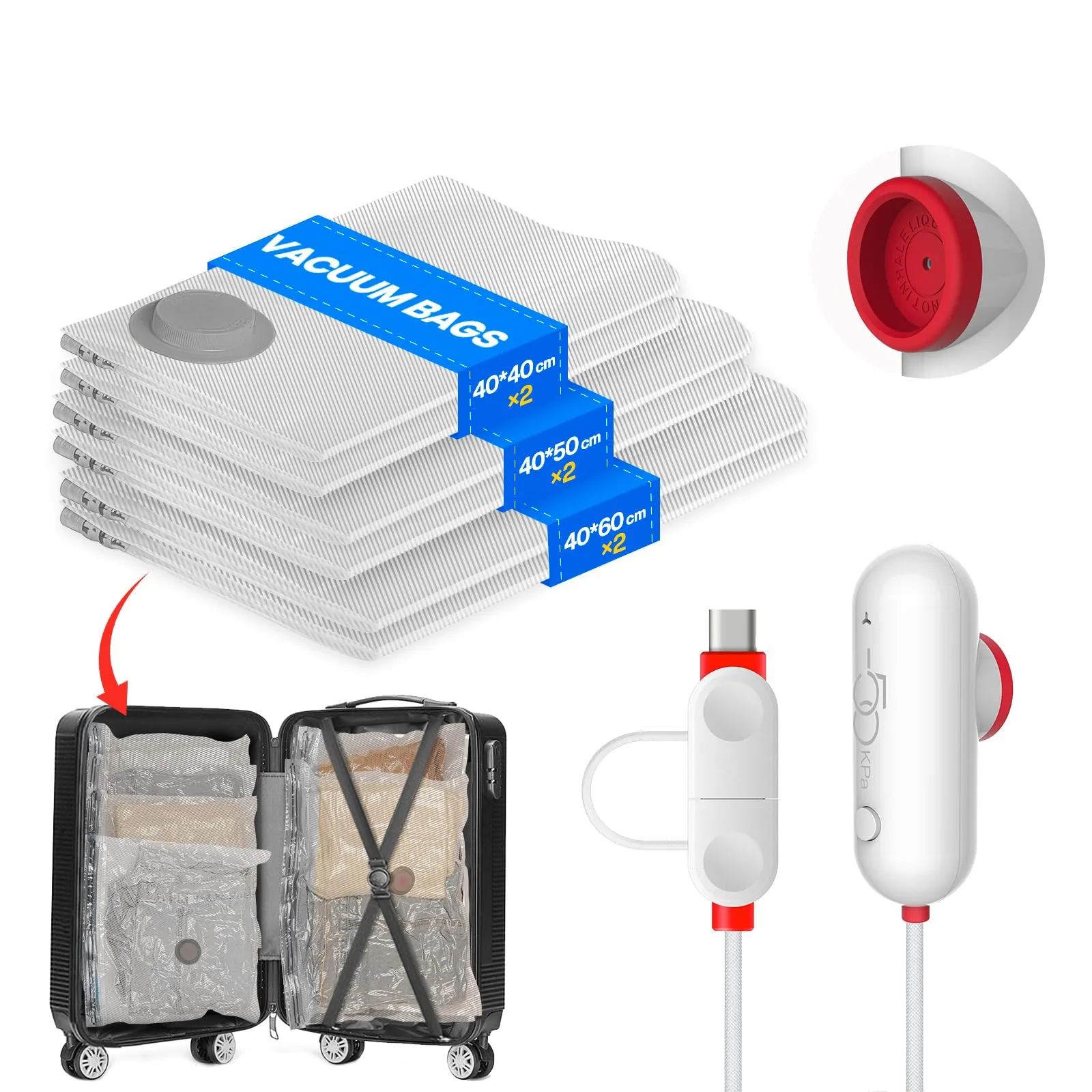 Sacchetti Sottovuoto Vestiti con Pompa USB, 6 Pezzi di Buste Sottovuoto Vestiti (2X 40*40cm, 2X 40*50cm, 2X 40*60cm), Sacchetti Sottovuoto Viaggio Riutilizzabili - Essenziali per Viaggio Salvaspazio