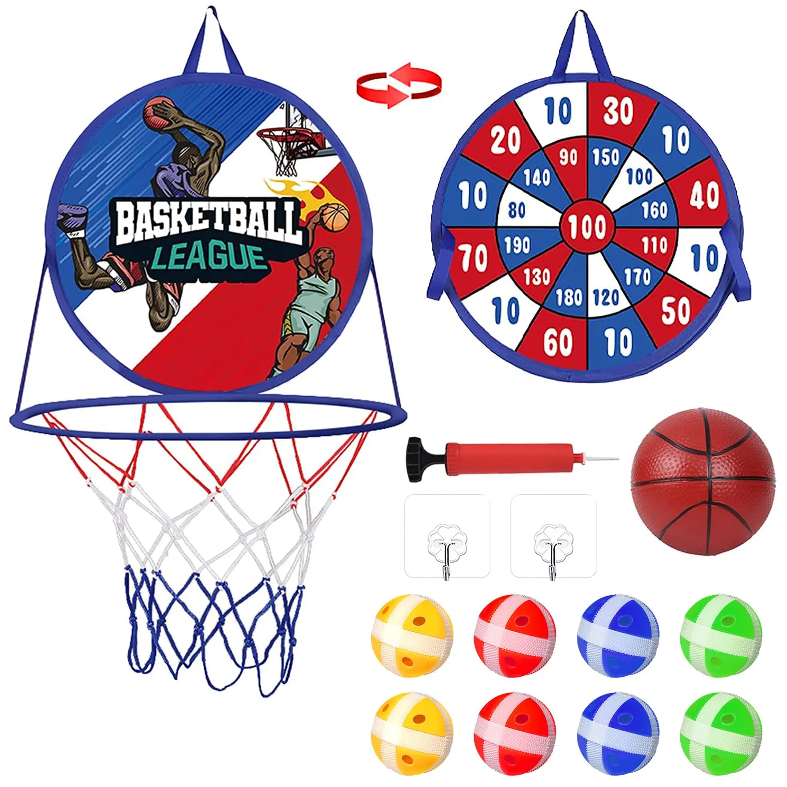 Canestro Basket con Bersaglio Freccette Set per Bambini,2 in 1 Giochi Freccette e Mini Giocattolo da Basket, Giochi Sportivo Pieghevole per Interni ed Esterni per Bambini Ragazzi Ragazze Regalo