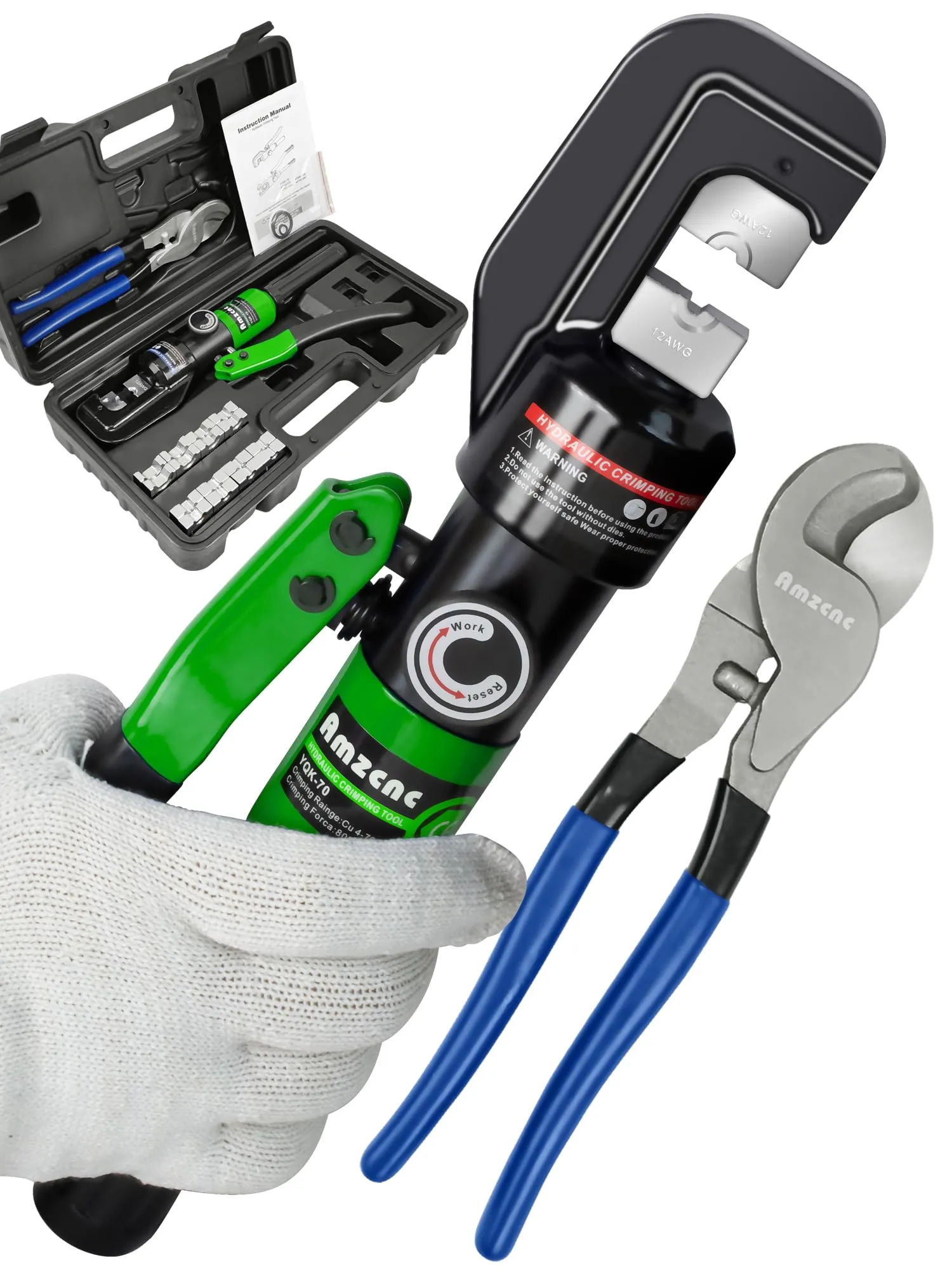 AMZCNC Pinza crimpatrice idraulica da 8 tonnellate, 4-70 mm², con 9 paia di matrici (pinza per capelli + forbici)