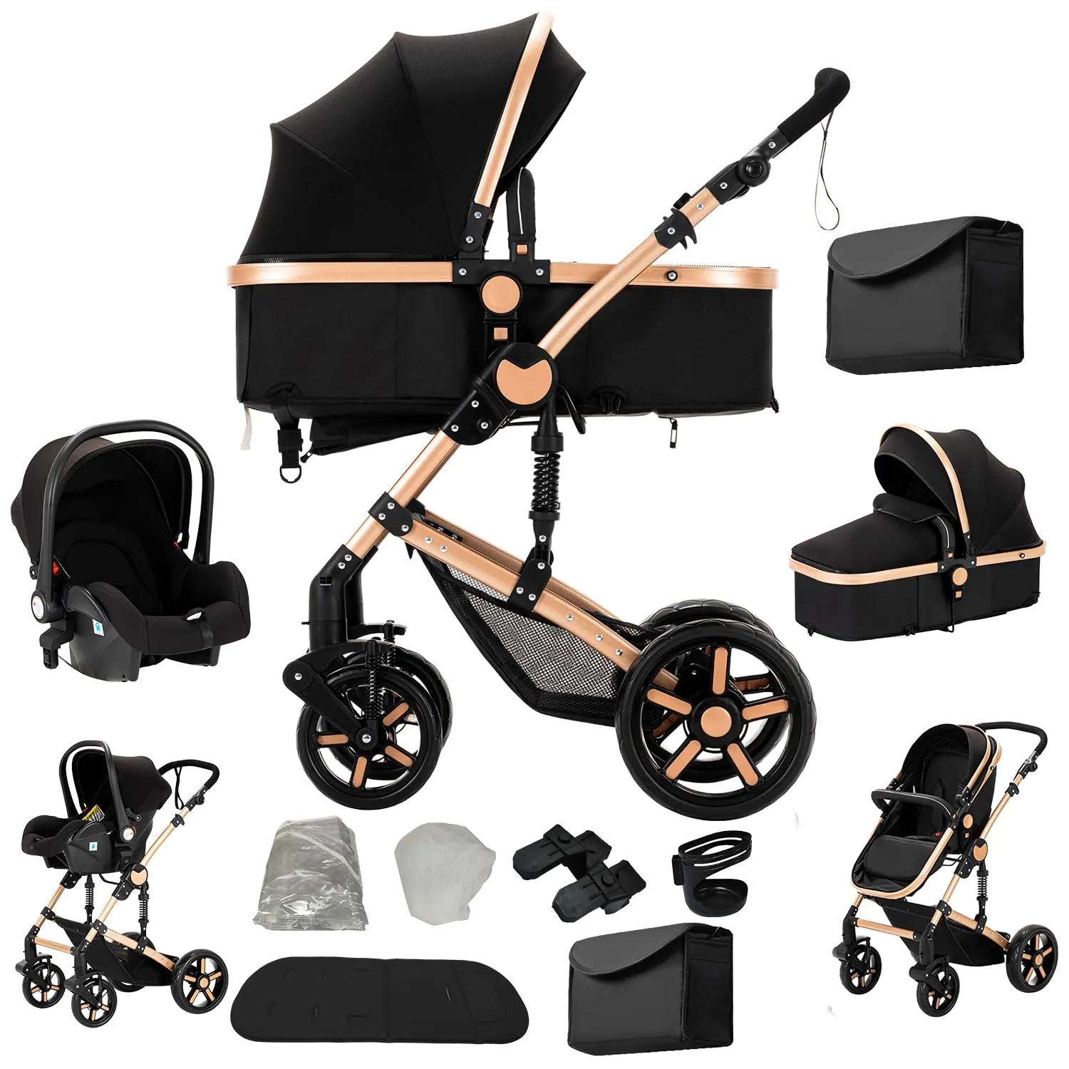 Veitoalioy Passeggino 3 in 1 Trio Neonati, Per Neonato 3 in 1 Passeggini, Carrozzino multifunzione, Passeggino Pieghevole (588 Black Gold)