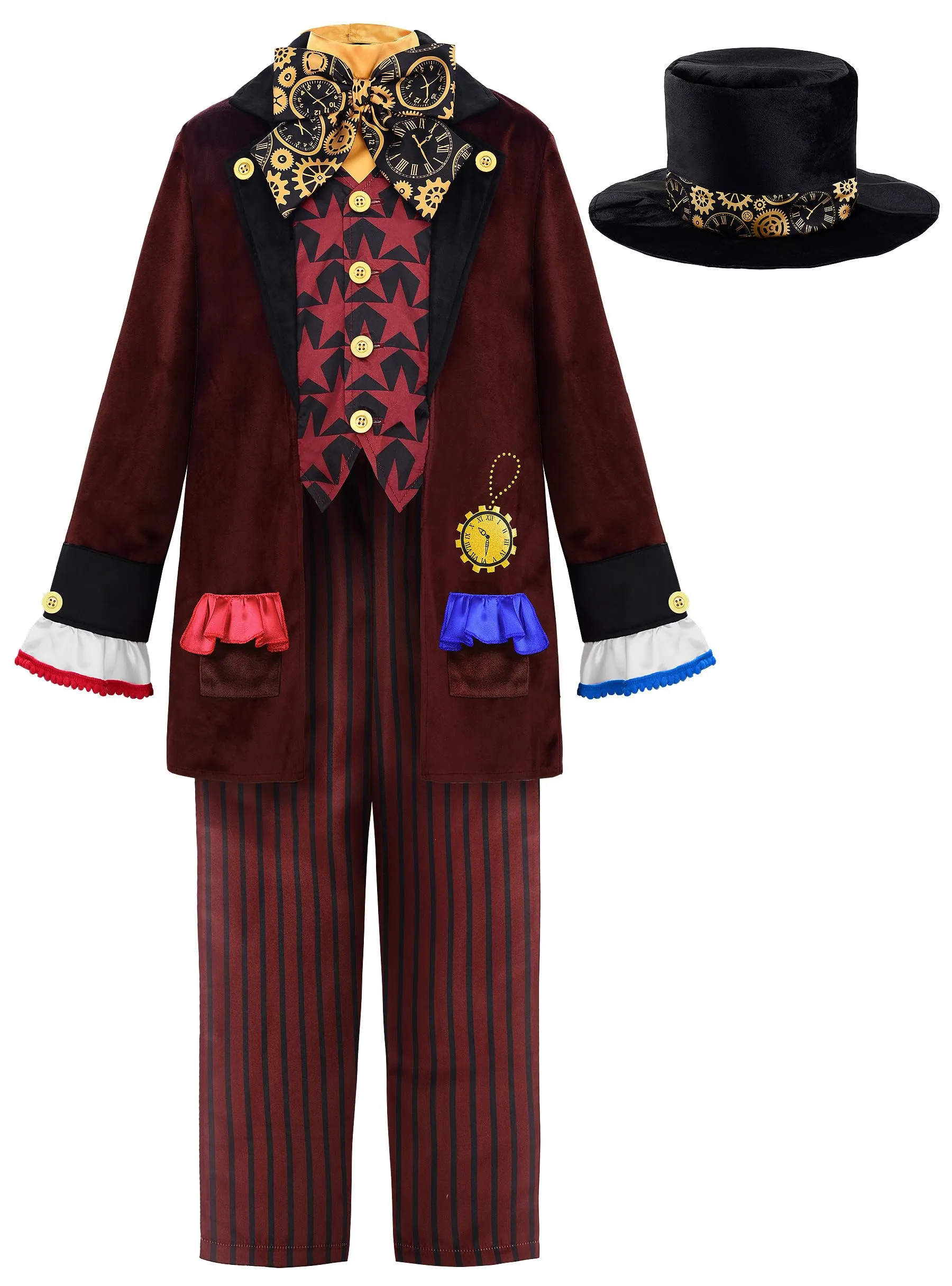ReliBeauty Cappellaio Costume Bambino 3-12 Anni Vestito Carnevale con Cappello Halloween