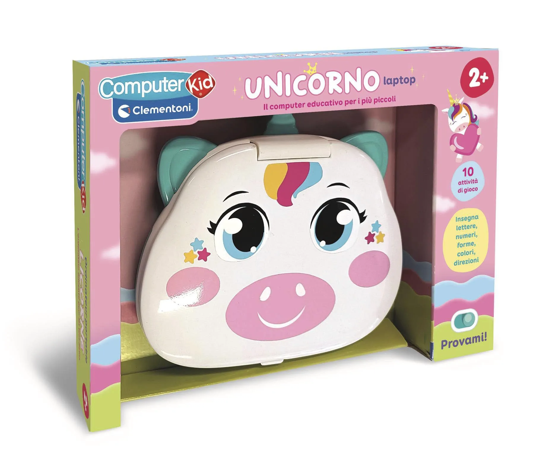 Clementoni - Computer Kid Unicorno Laptop Educativo Bambini 2+ Anni, 10 attività, Gioco Elettronico per Imparare Lettere, Numeri, Forme, Colori e Direzioni, Batterie Incluse, Lingua Italiana, 16489