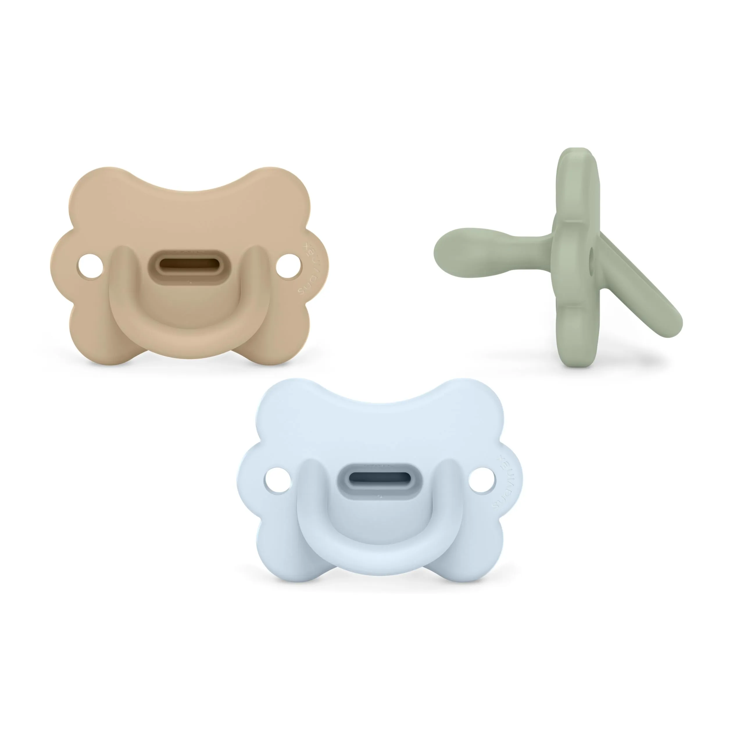 Suavinex, confezione da 3 ciucci in Silicone, neonati 0/6 mesi, neonati, tettina Simmetrica Sx Pro, morbida e flessibile, ideale per dormire, rispetta lo sviluppo orale, butterfly, blu, verde, beige