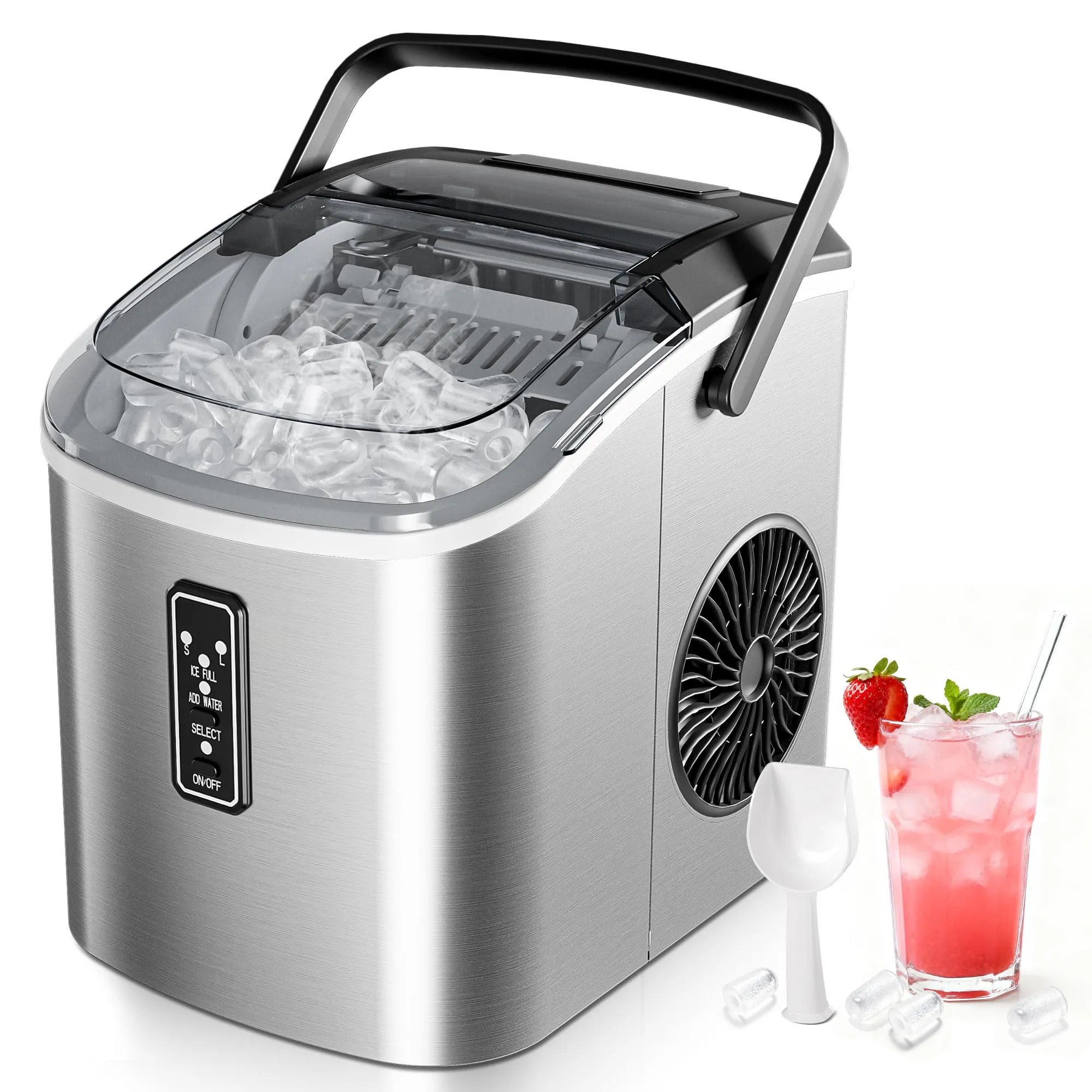 EUHOMY Macchina per il Ghiaccio: 9 Cubetti in 6 Minuti, Macchina Ghiaccio Casa Autopulente, 2 Dimensioni di Ghiaccio,12KG/24H Macchina del Ghiaccio con Maniglia/Paletta/Cestello, Acciaio Inossidabile