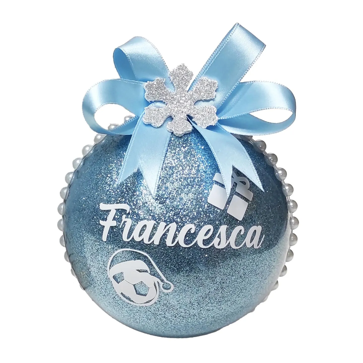 PALLINA Natalizia con NOME Personalizzato di 10 cm per Albero di Natale con Perline e Fiocco con Dettaglio, Decorazioni, Glitter Azzurri. Possibilità di scelta tra tanti colori. Confezione INCLUSA